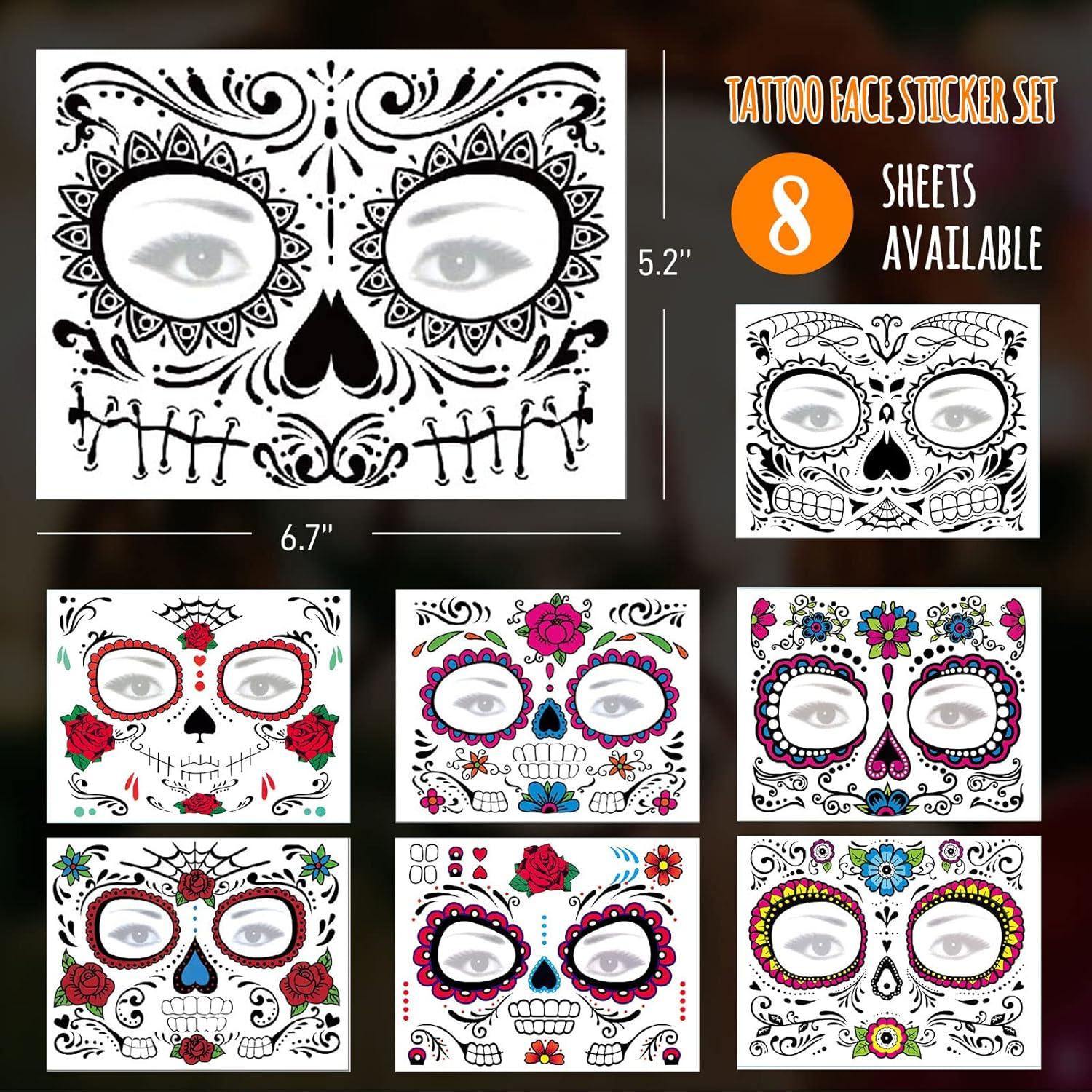 Kit de Tatuajes Temporales Halloween ZiYin - 8 Hojas Calavera