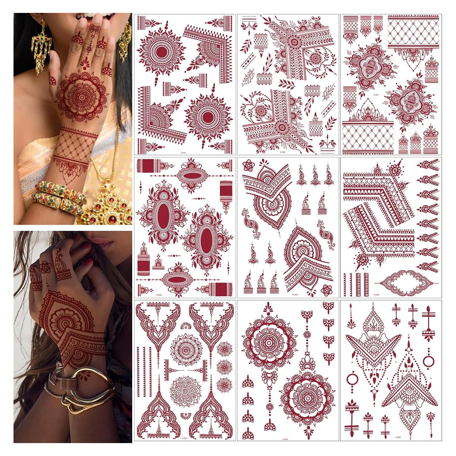 Kit de Tatuajes Temporales de Henna Marrón 9 Hojas ZiYin