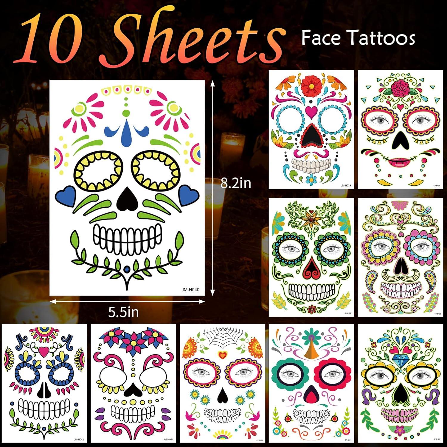Tatuajes Faciales Temporales Día de los Muertos HYASIA - 10 Piezas