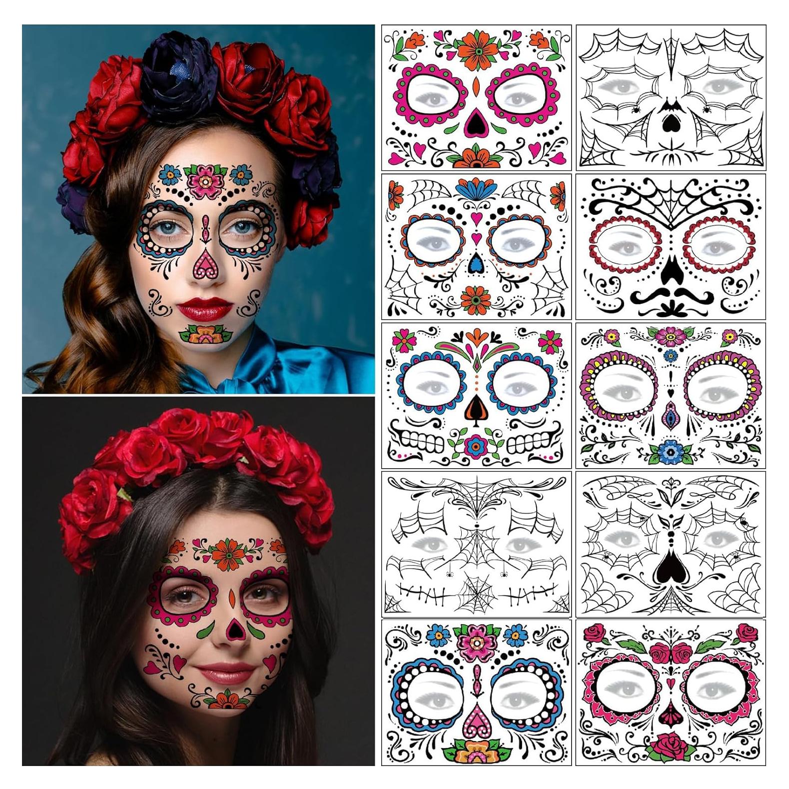 Tatuajes Temporales Día de los Muertos ZiYin - 10 Hojas Faciales