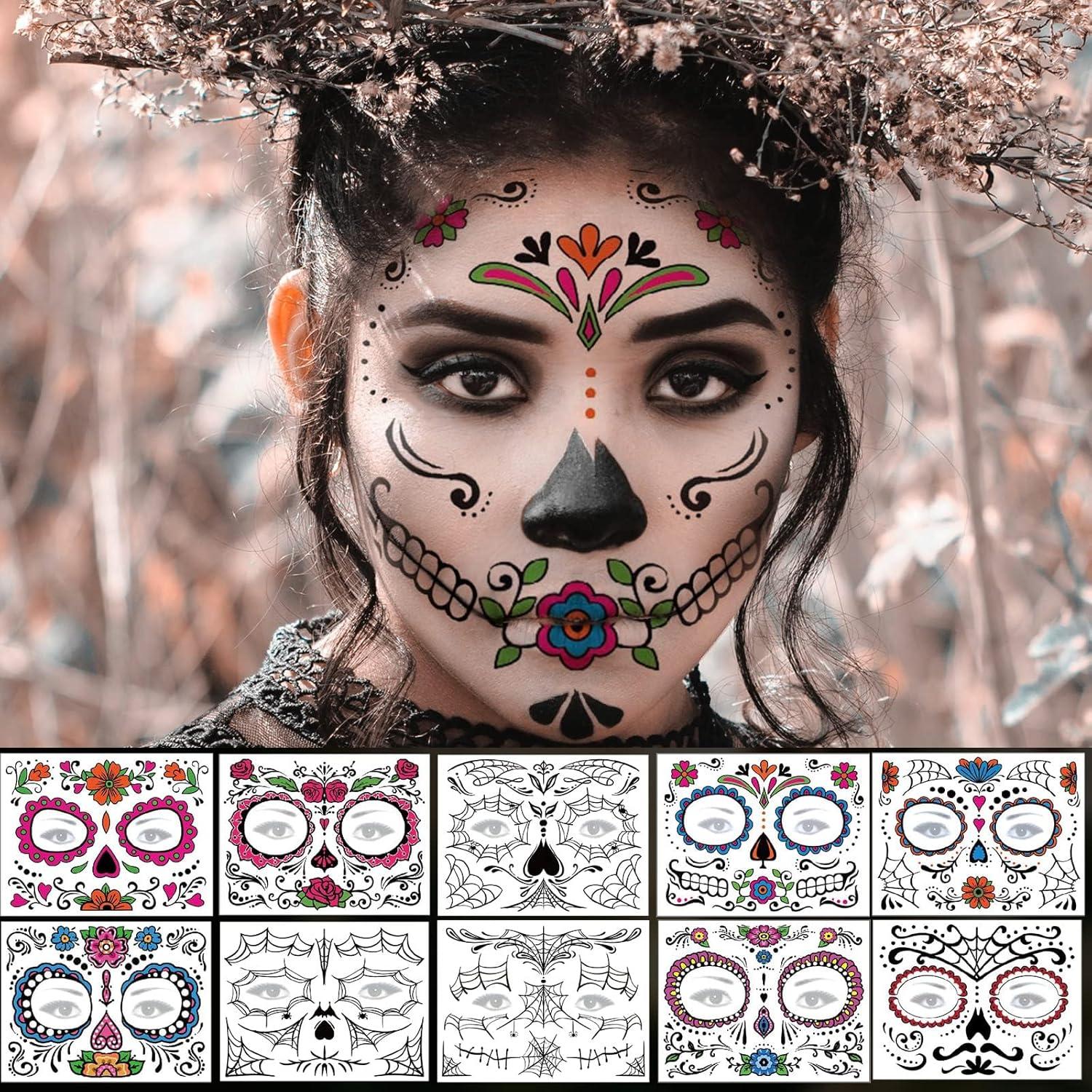 Tatuajes Temporales Día de los Muertos ZiYin - 10 Hojas Faciales