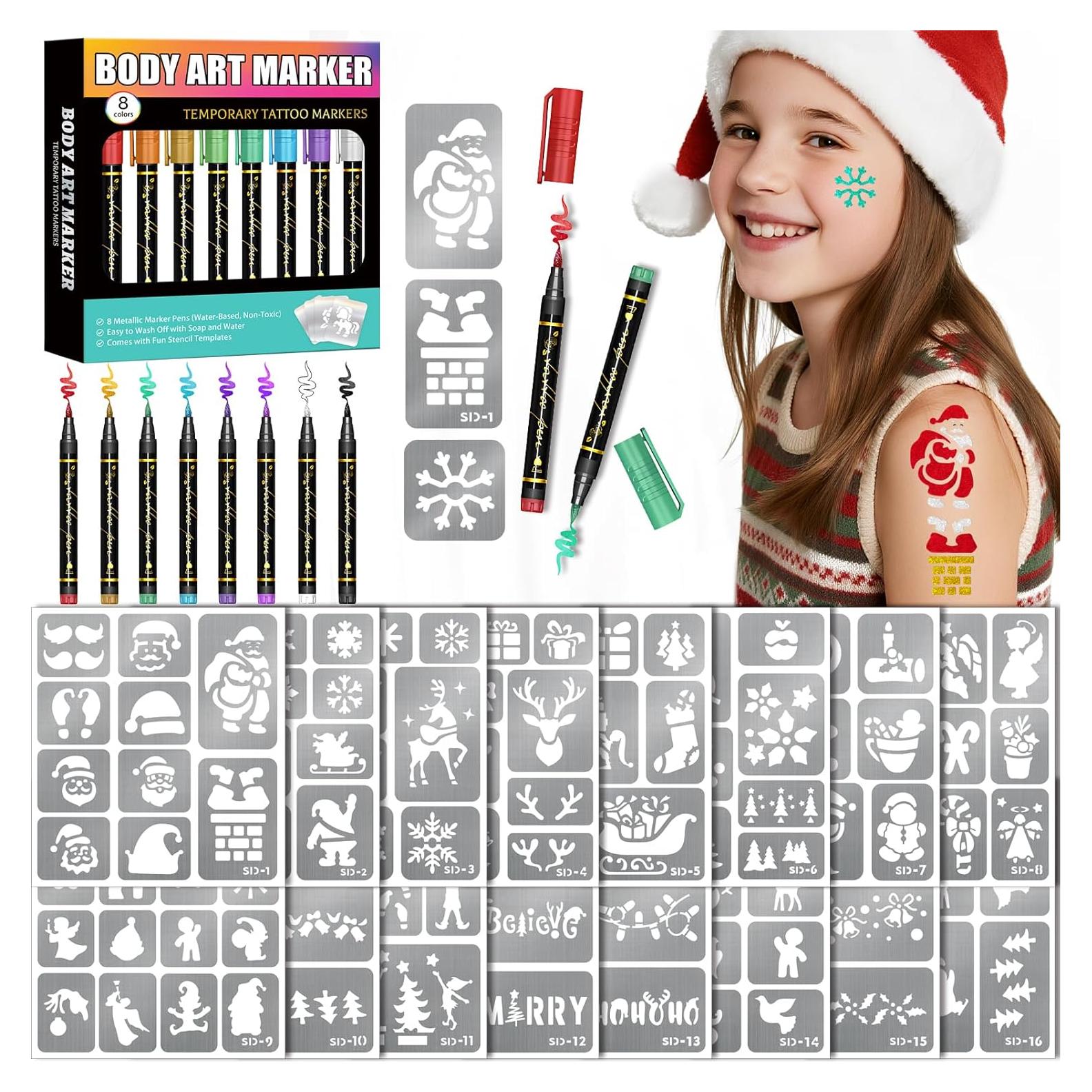 Marcadores de Tatuajes Temporales BASIFA - 8 Colores + 158 Plantillas