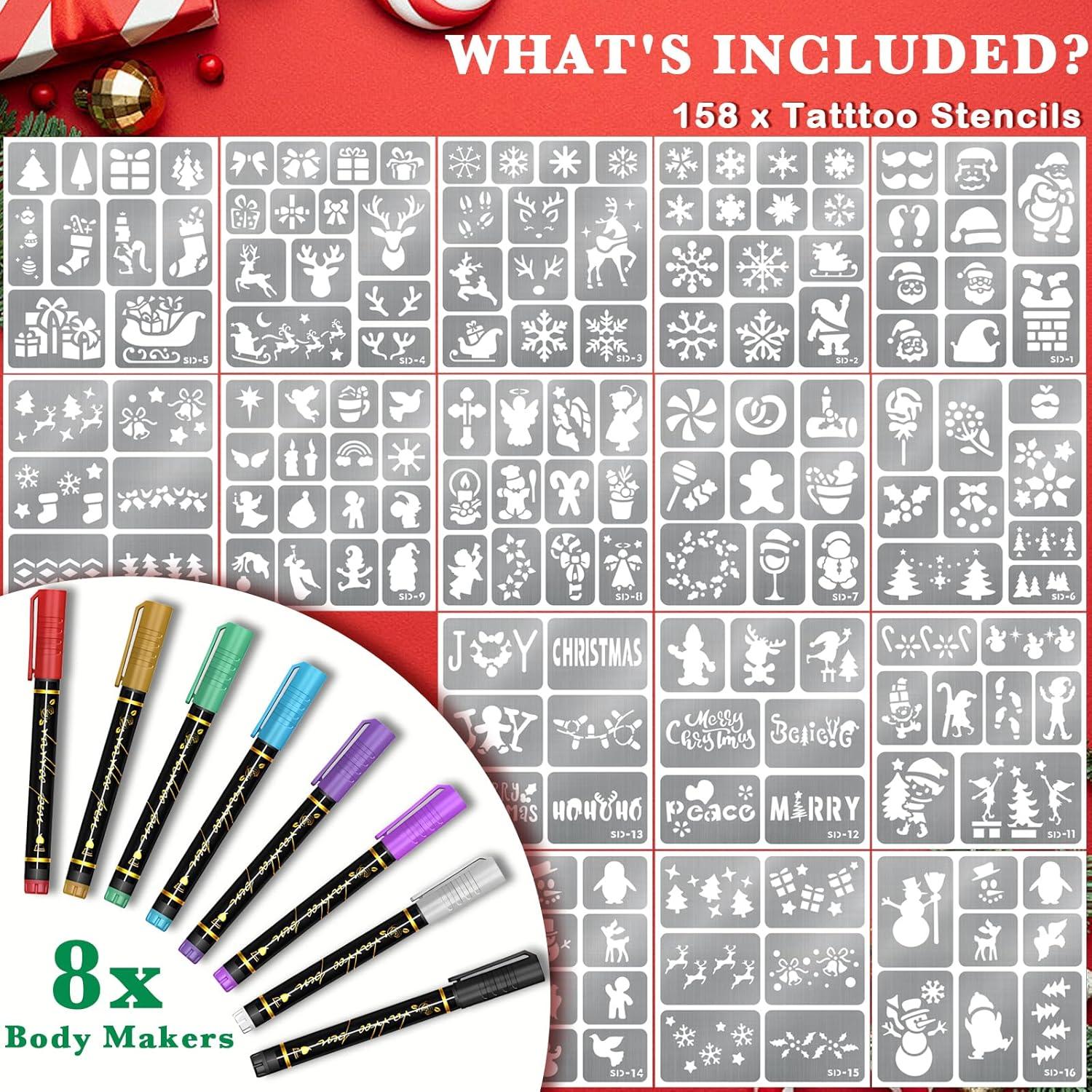 Marcadores de Tatuajes Temporales BASIFA - 8 Colores + 158 Plantillas