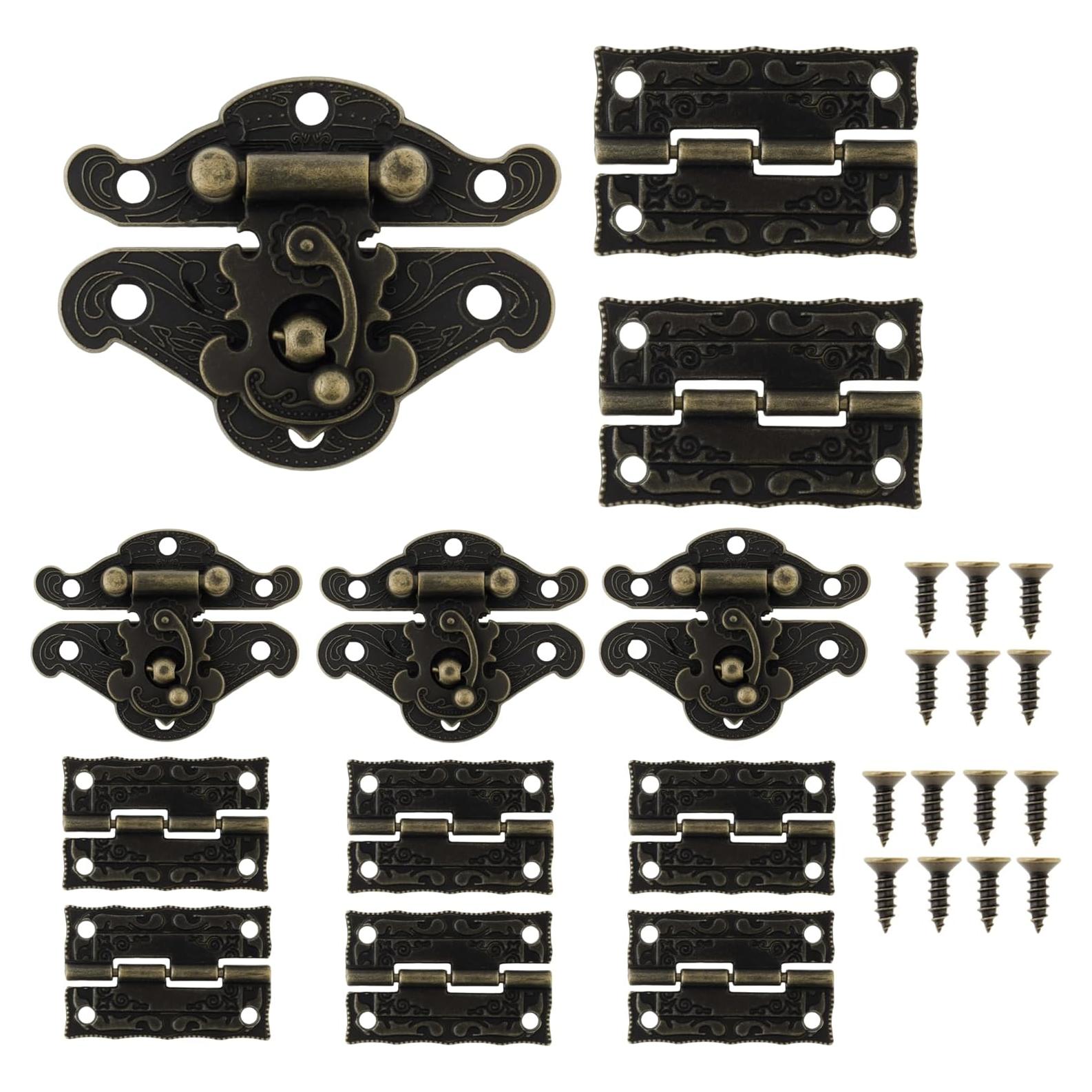 Kit de Bisagras y Cerraduras Vintage HOJLKLD - 4 Cerraduras y 8 Bisagras de Bronce Antiguo
