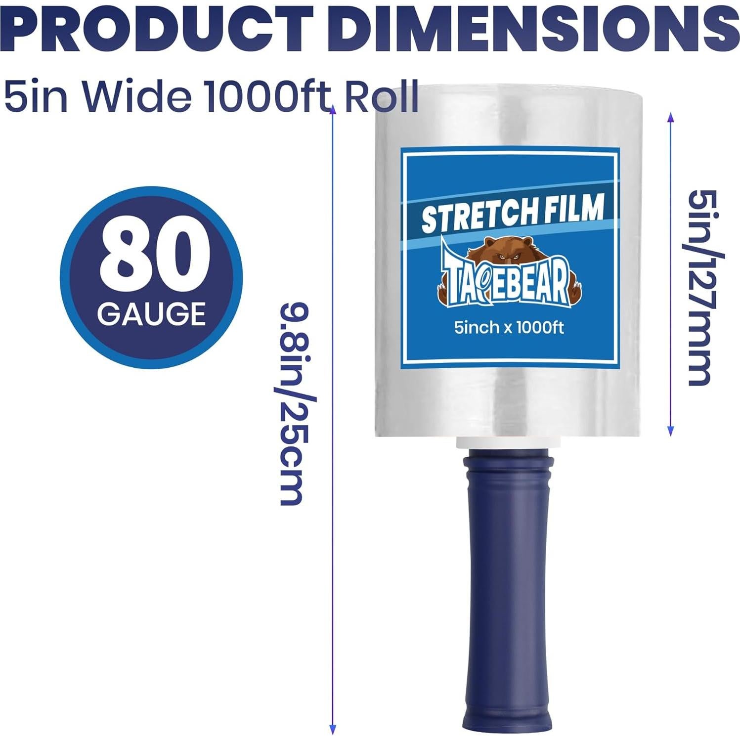 Película Estirable TAPEBEAR 5" x 1000ft con Mango - 2 Rollos