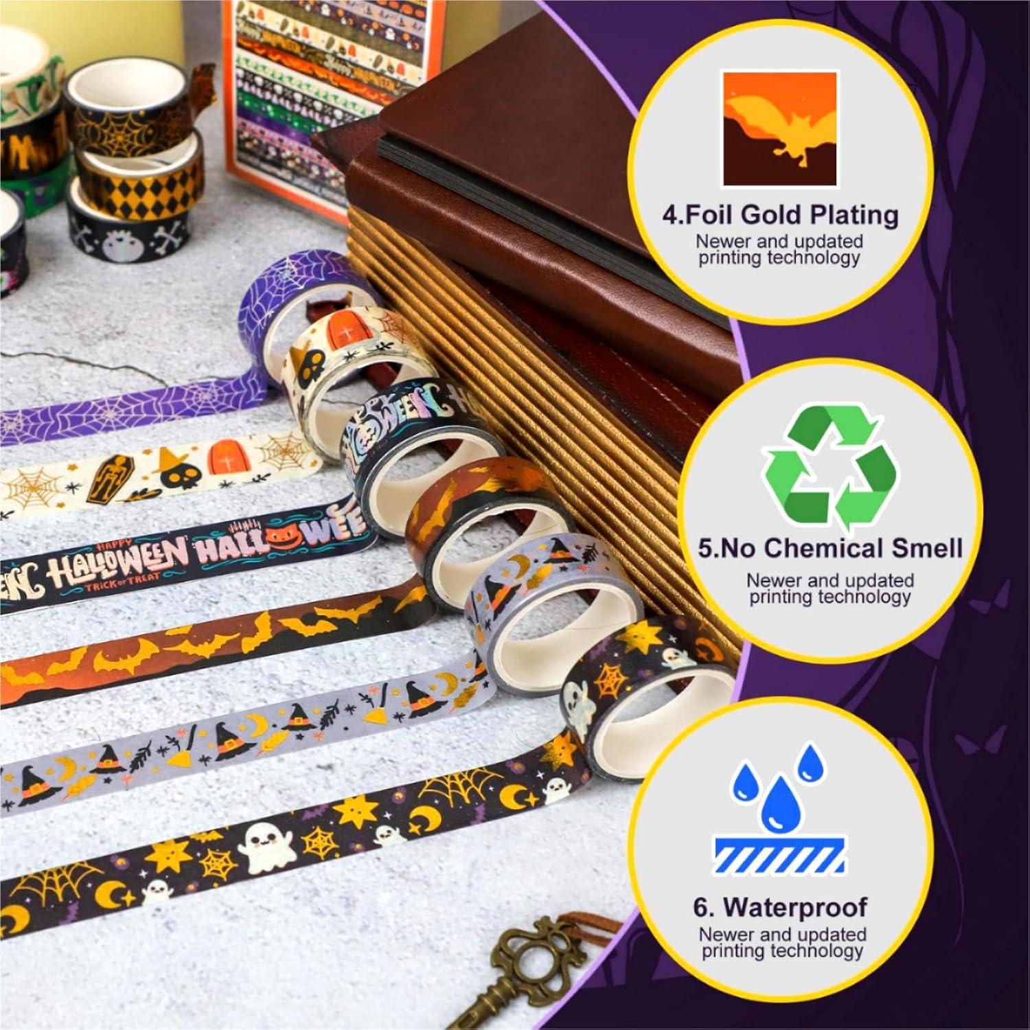 16 Rollos de Cinta Washi Halloween Sereliy con Foil Dorado