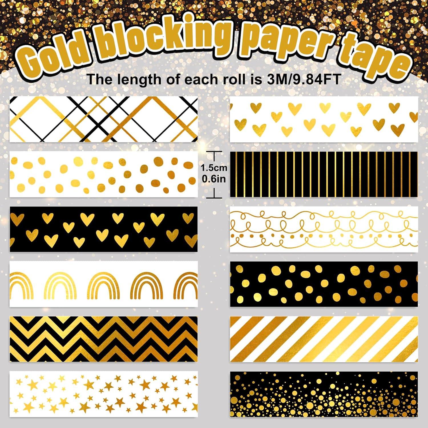 Cinta Washi Decorativa Whaline 12 Rollos Hoja de Oro 1.52cm