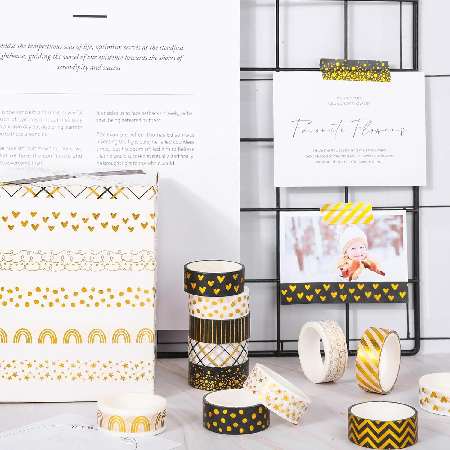 Cinta Washi Decorativa Whaline 12 Rollos Hoja de Oro 1.52cm