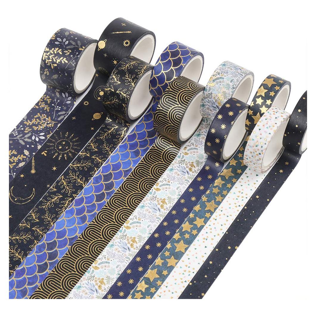 Cinta Washi Decorativa CCINEE 10 Rollos Foil Negro y Dorado