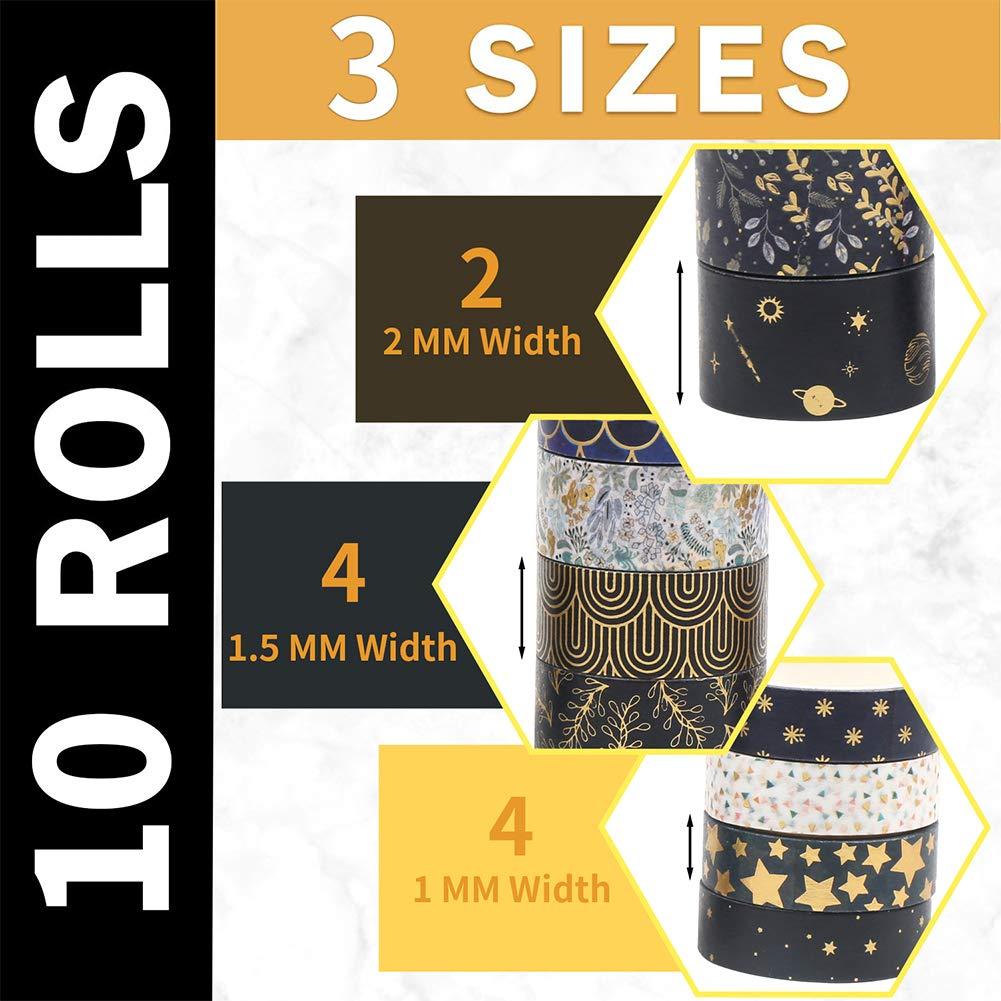 Cinta Washi Decorativa CCINEE 10 Rollos Foil Negro y Dorado