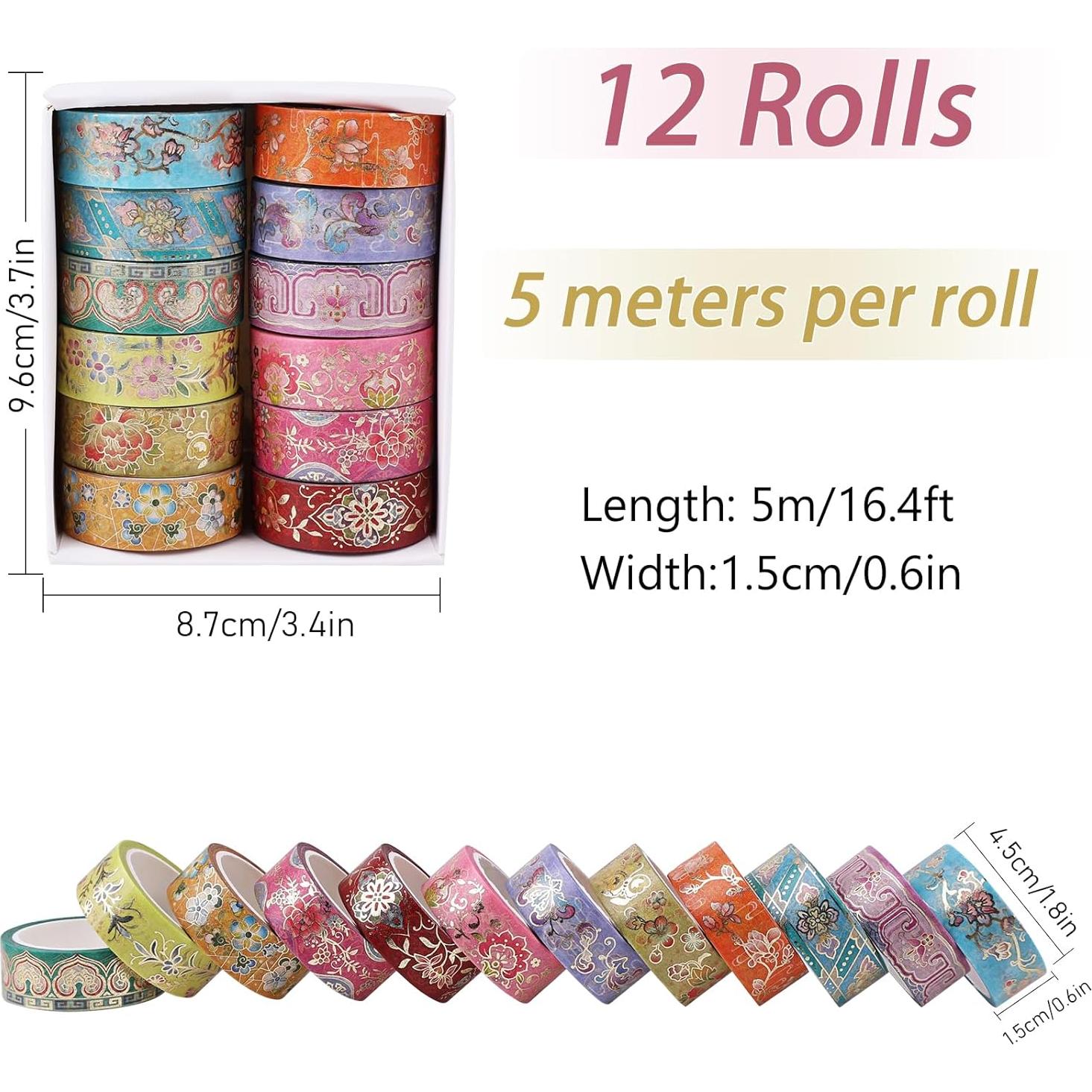 Juego de Washi Tape Floral Vintage RISYPISY - 12 Rollos 5m