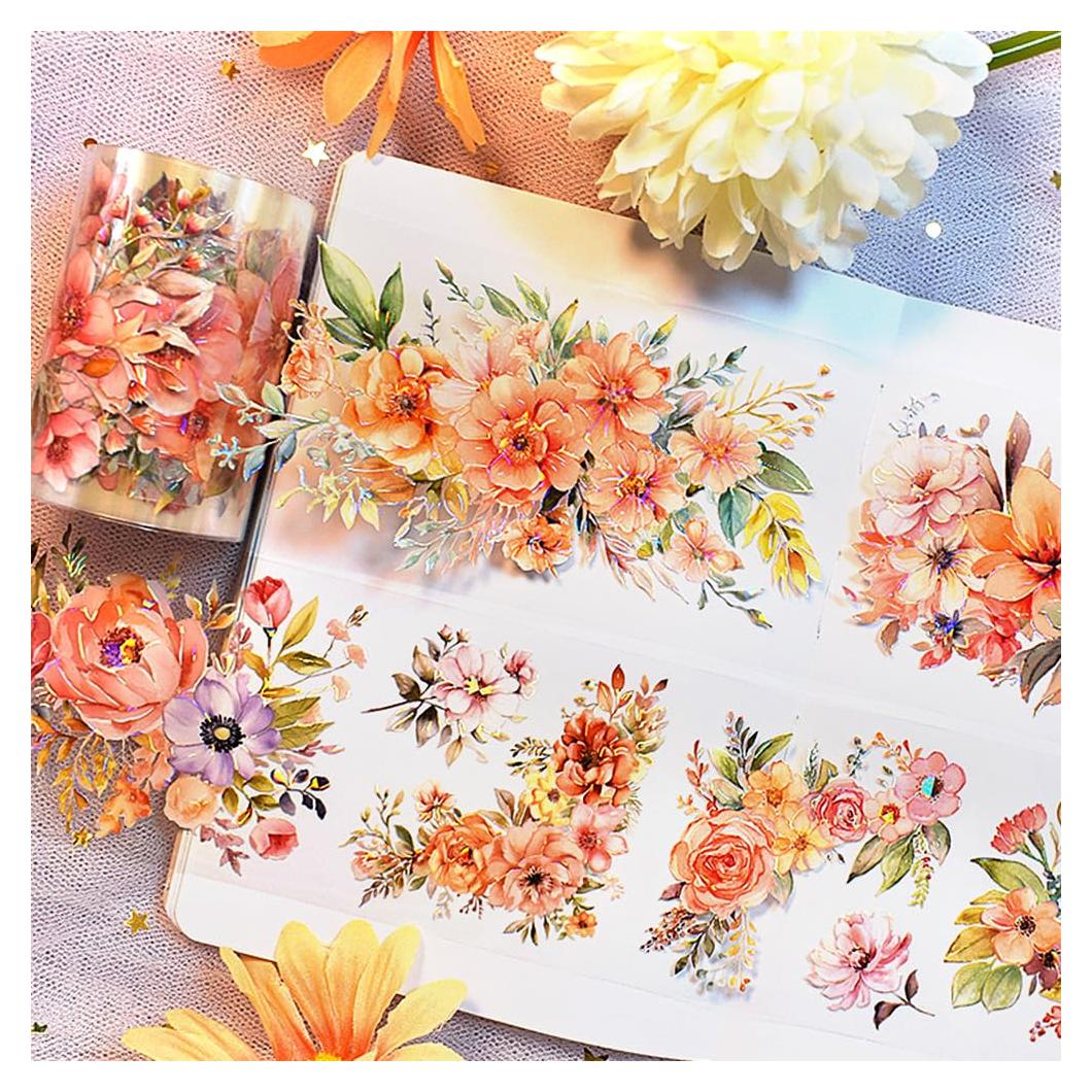 Cinta Washi Floral IPEWOEF 2m PET Decorativa Naranja