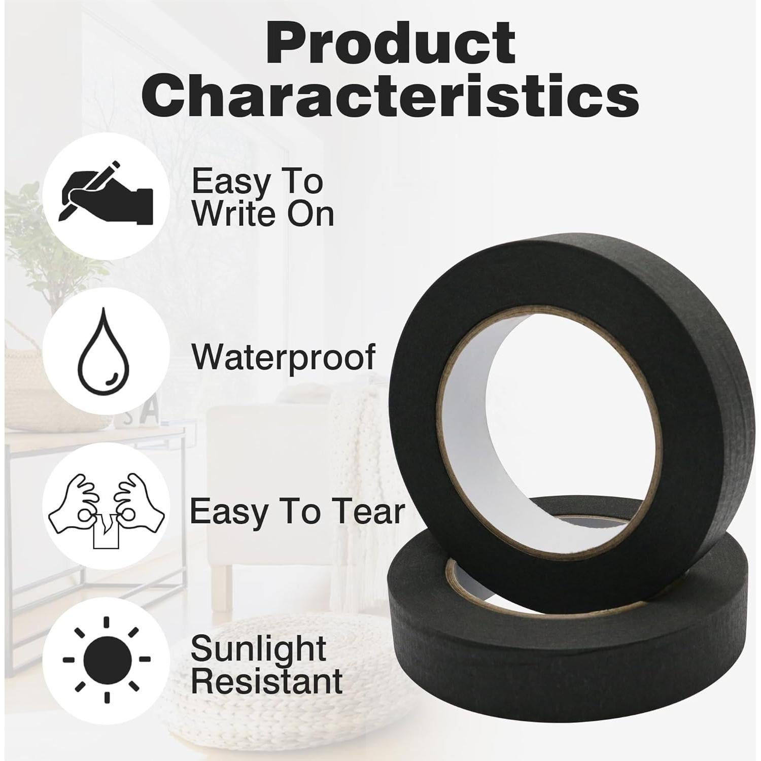 Cinta de Enmascarar Negra 1" x 50m - 2 Rollos para Manualidades