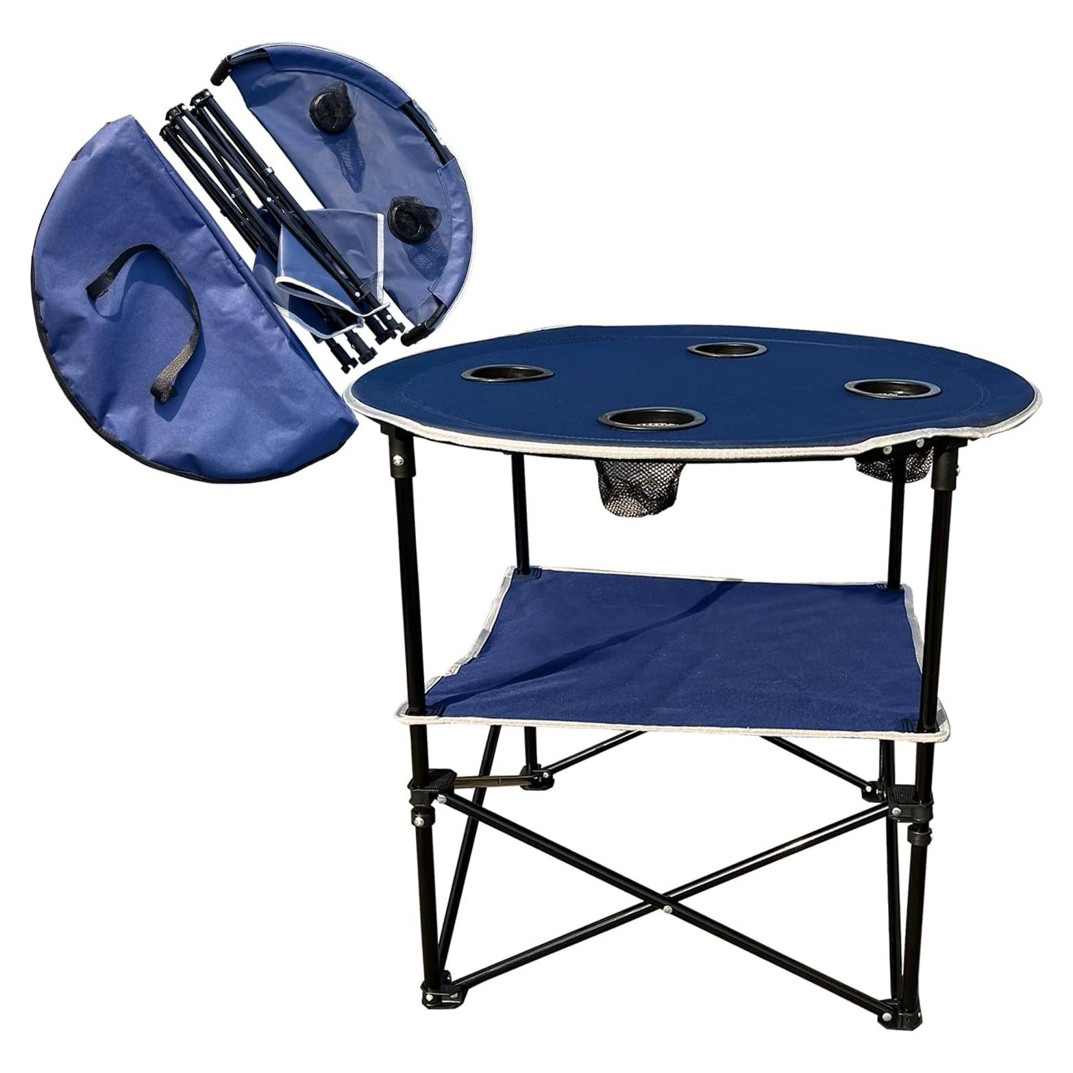 Mesa de Camping Plegable ZRSCHYG Azul 2 Niveles con Portavasos
