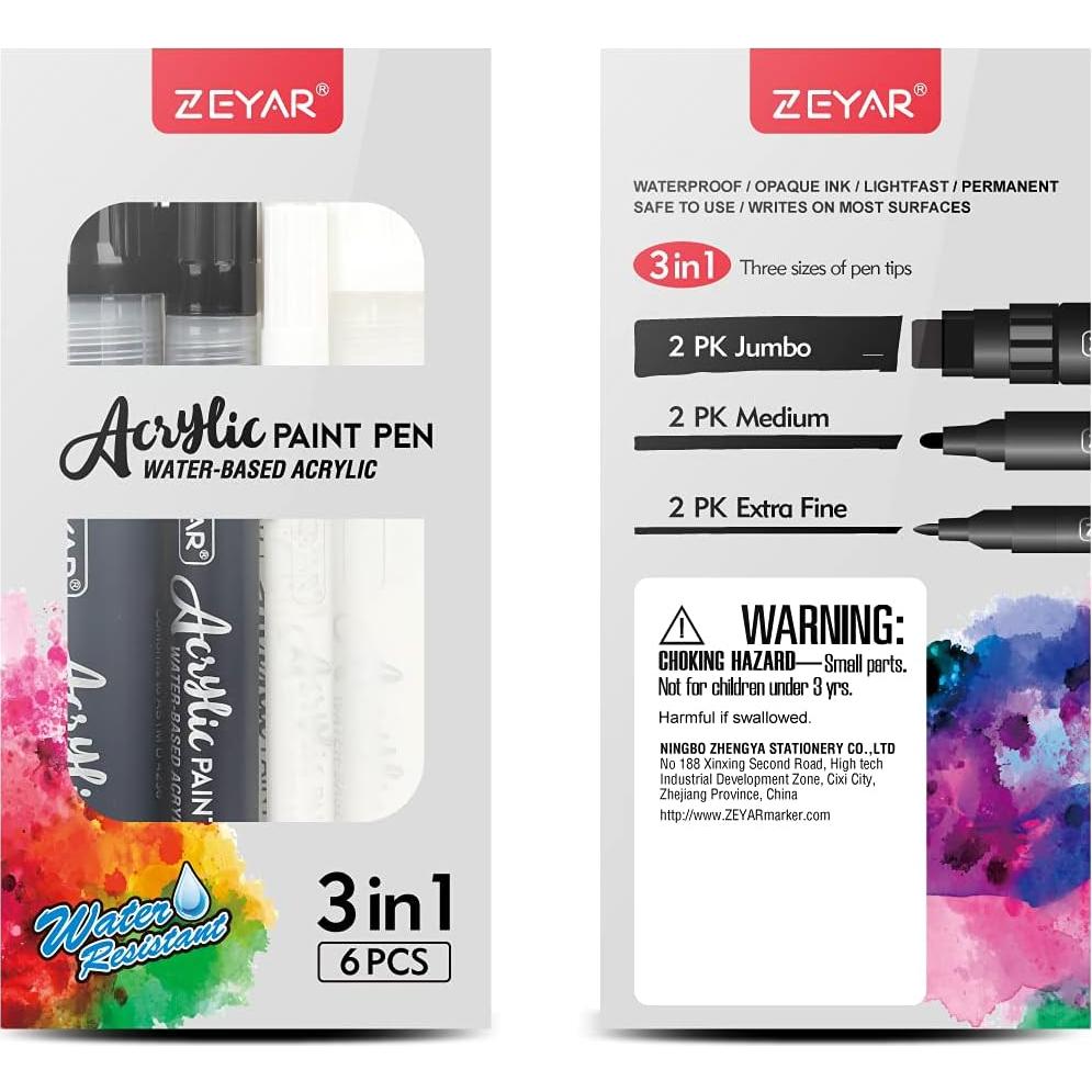 Marcadores Acrílicos ZEYAR, 6 Piezas, Punta Extra Fina y Jumbo