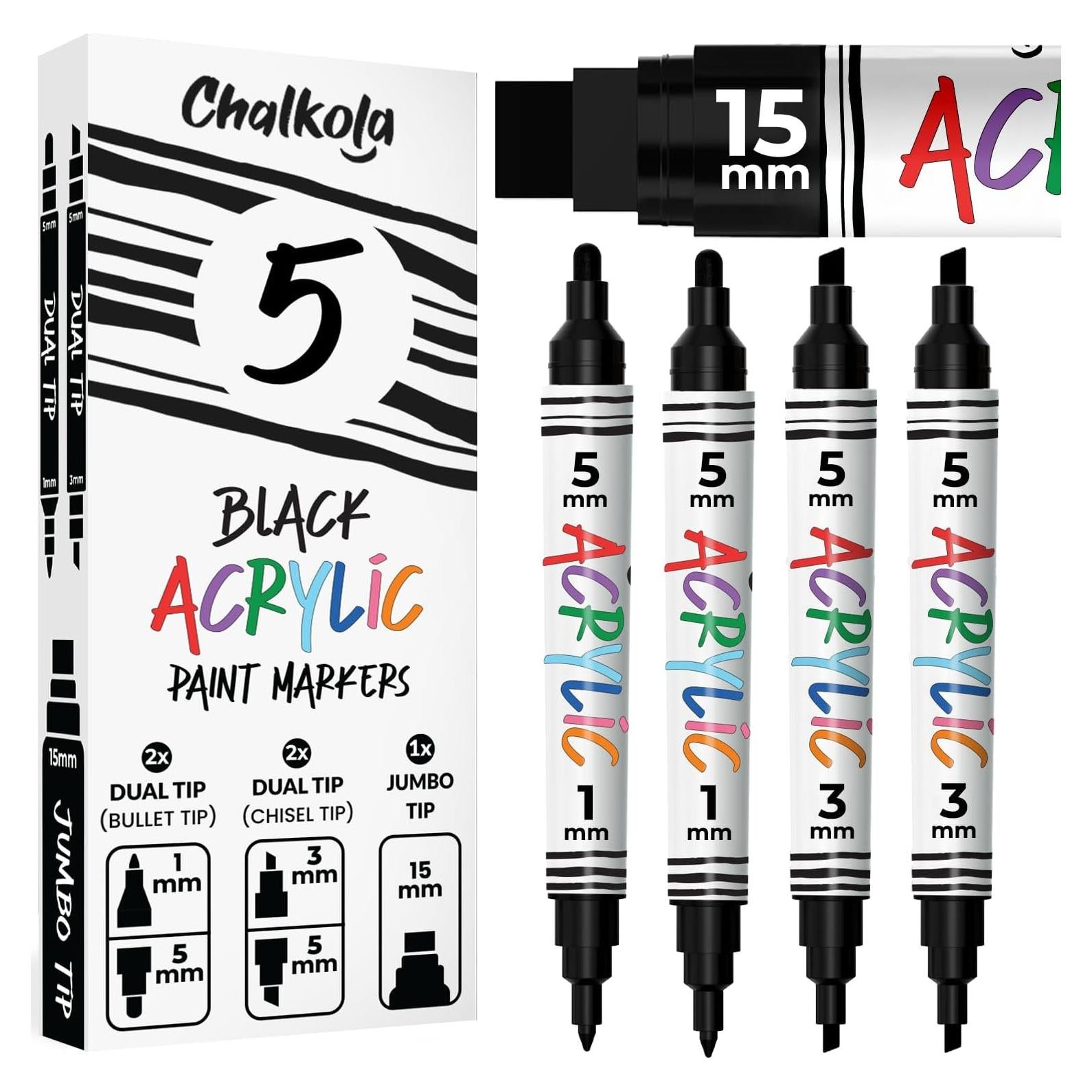 Marcadores de Pintura Acrílica Negra Chalkola - 5 Puntas Finas y Jumbo