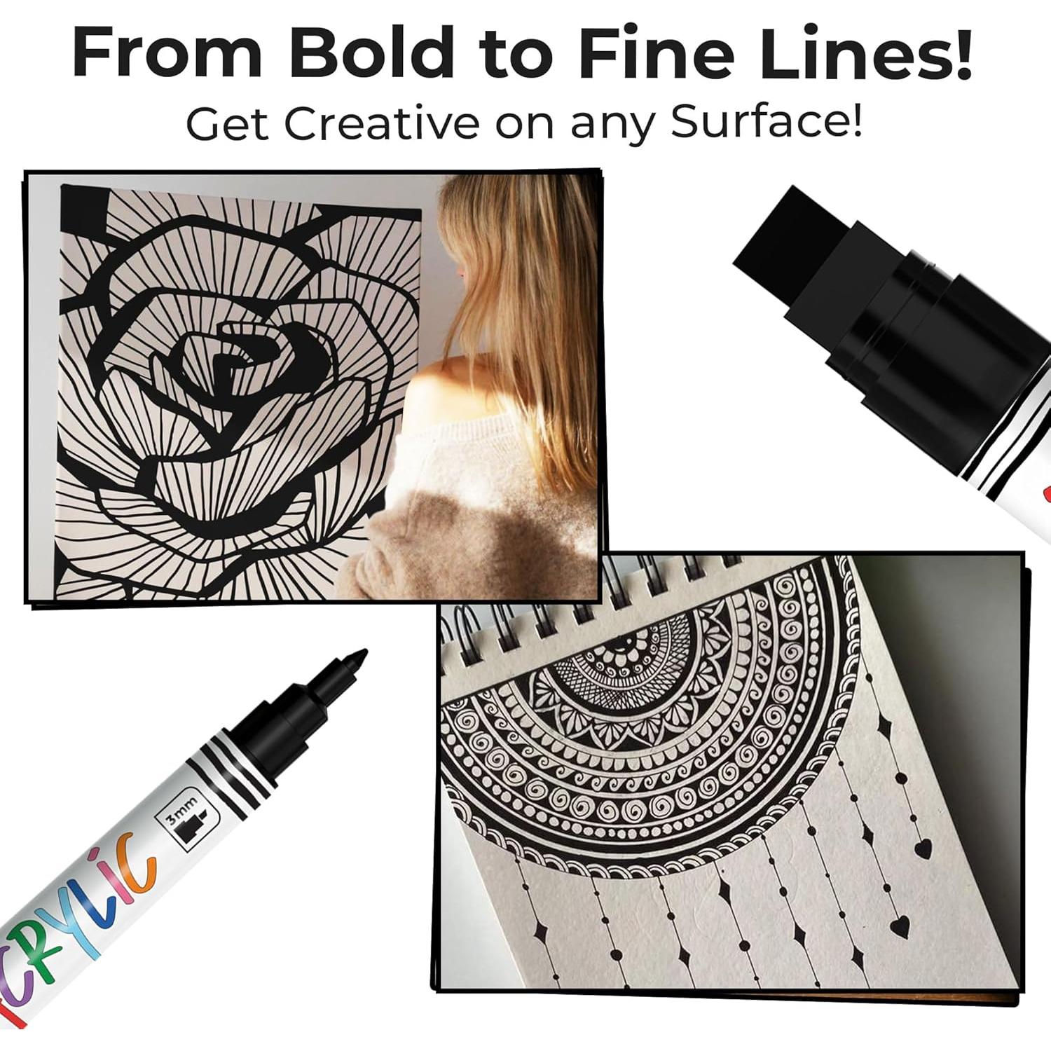 Marcadores de Pintura Acrílica Negra Chalkola - 5 Puntas Finas y Jumbo