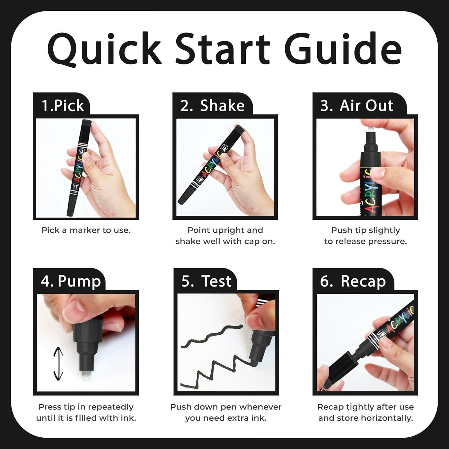 Marcadores de Pintura Acrílica Negra Chalkola - 5 Puntas Finas y Jumbo