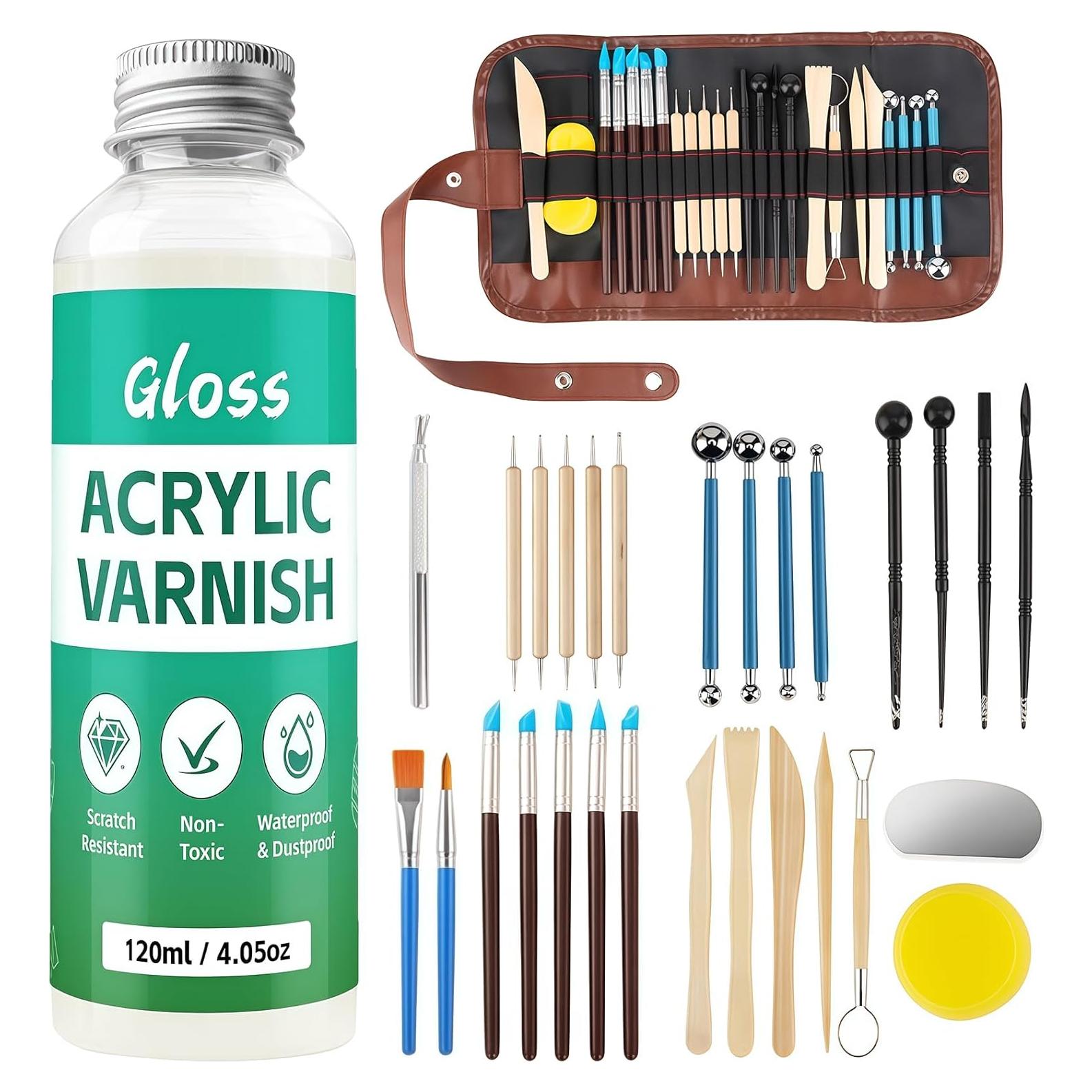 Kit de Arcilla de Polímero Krbnk 120ml Barniz Brillante y 29 Piezas