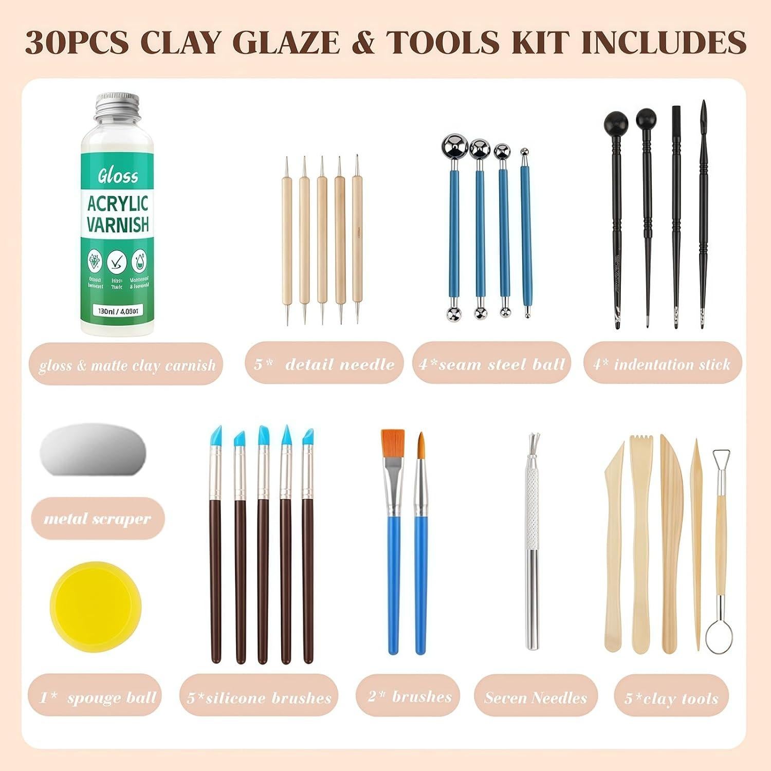 Kit de Arcilla de Polímero Krbnk 120ml Barniz Brillante y 29 Piezas