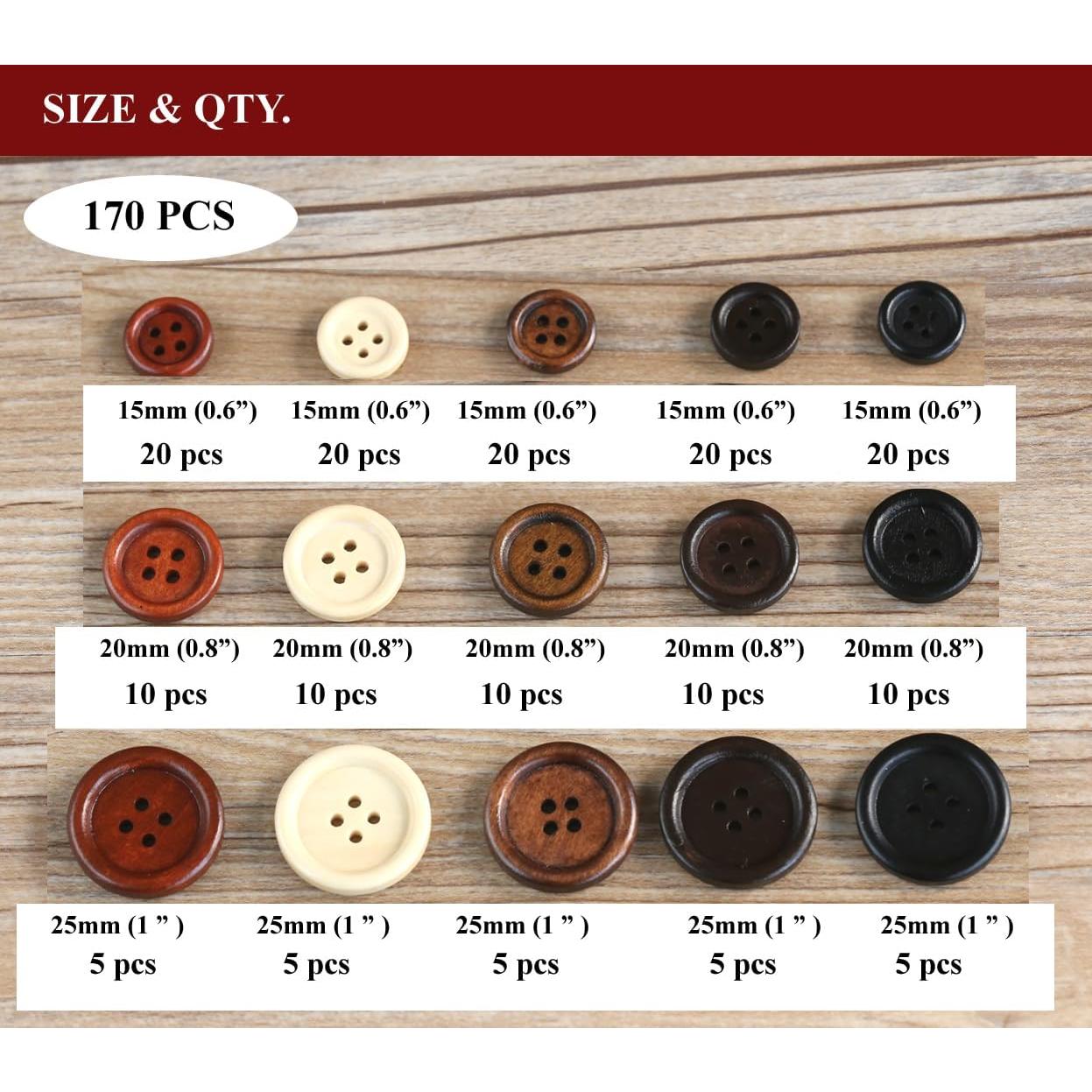 170 Botones de Madera Asortidos 15mm 20mm 25mm GANSSIA