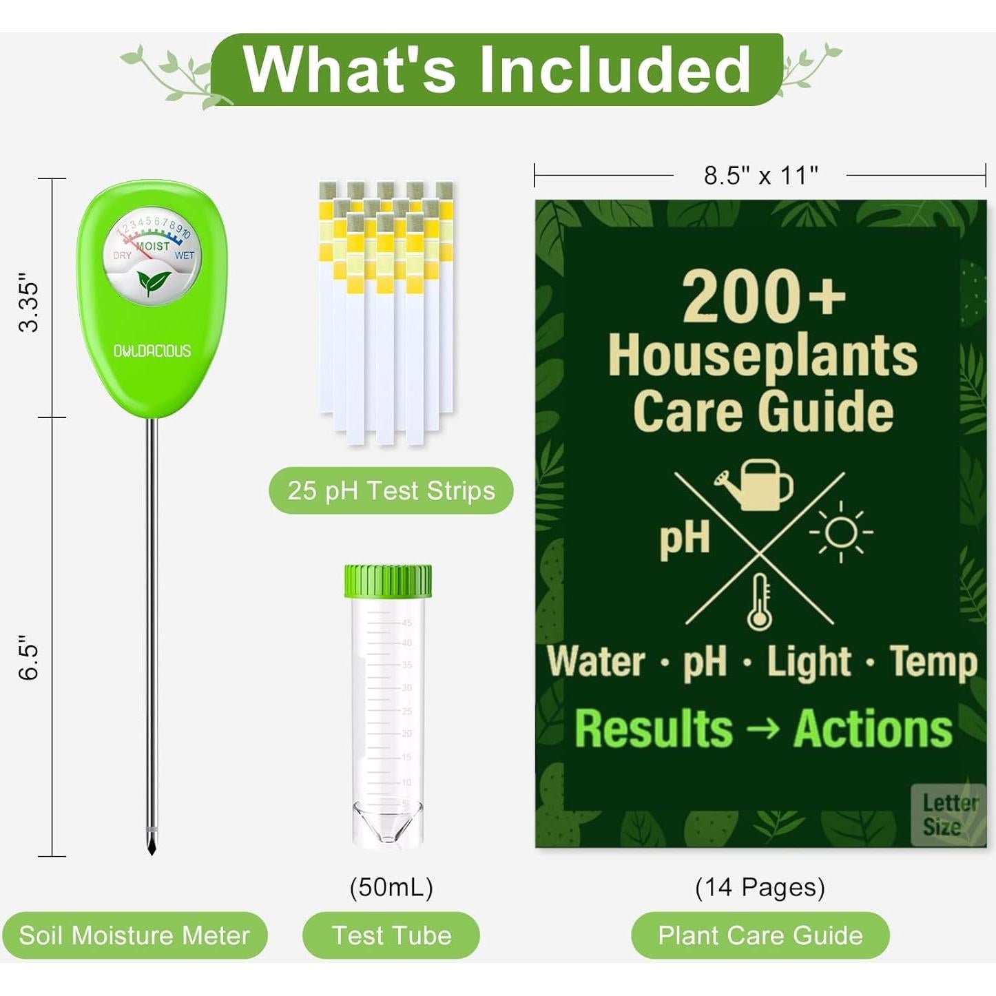 Medidor de Humedad del Suelo OWLDACIOUS SMM01 con Guía y Tiras de pH