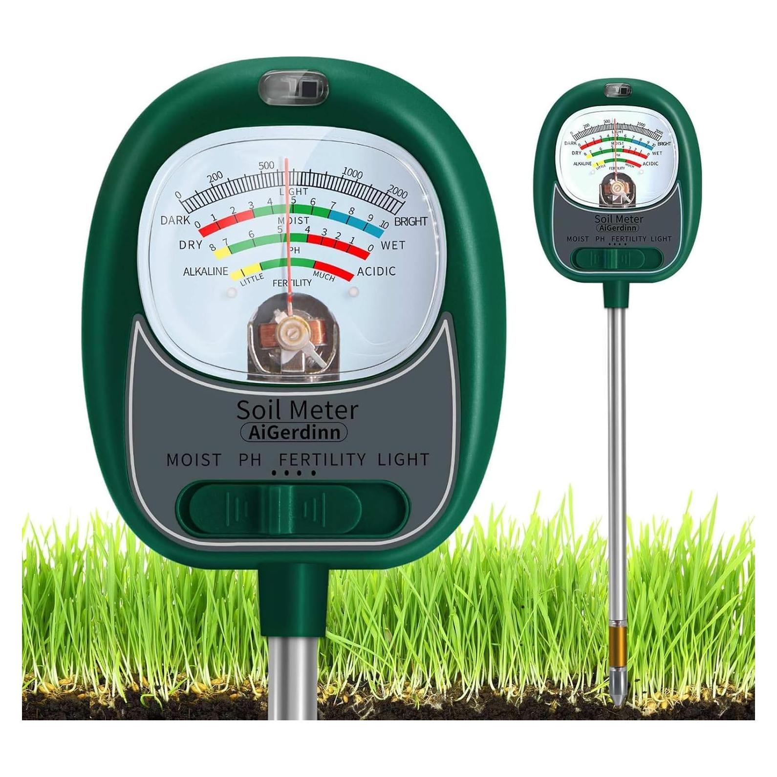 Medidor de Suelo 4 en 1 AiGerdinn - Humedad, pH, Luz Solar