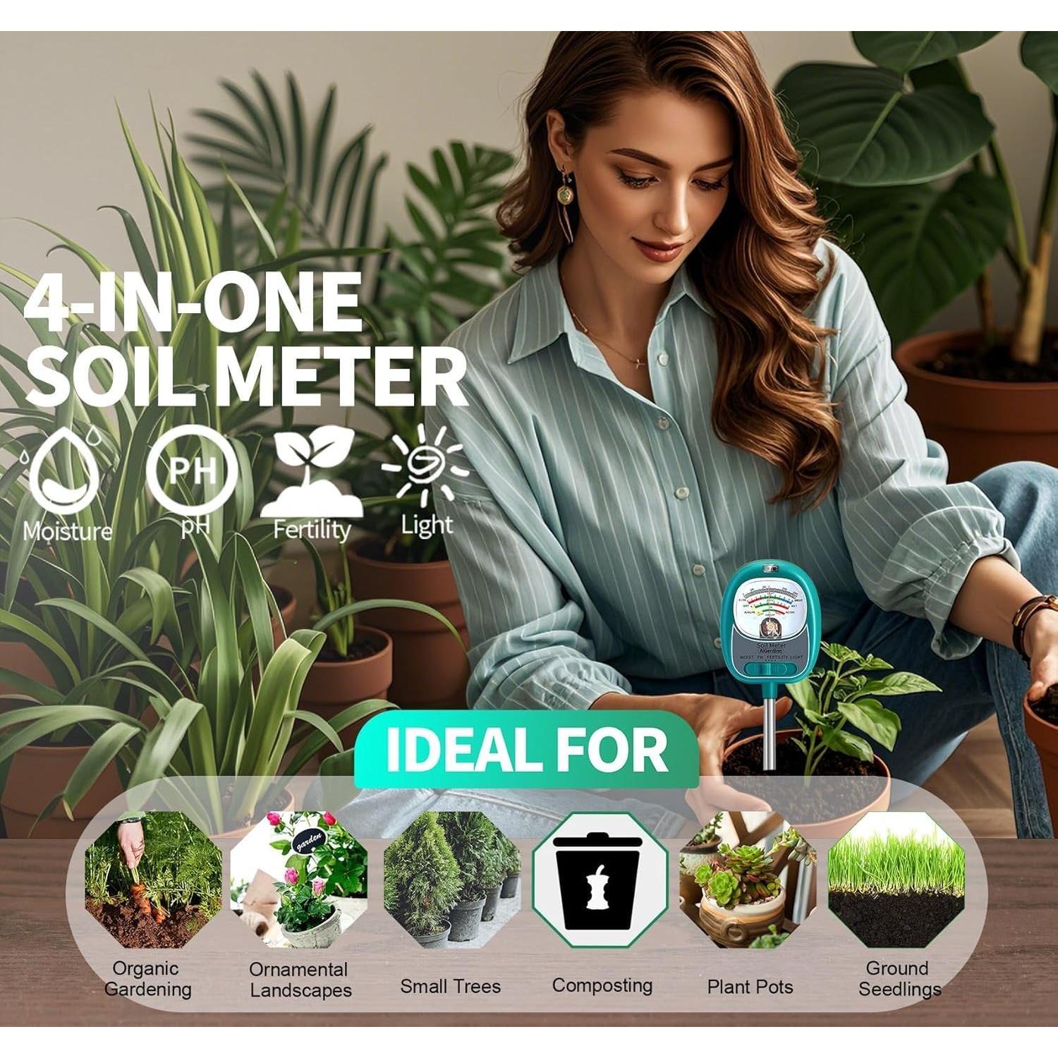 Medidor de Suelo 4 en 1 AiGerdinn - Humedad, pH, Luz Solar