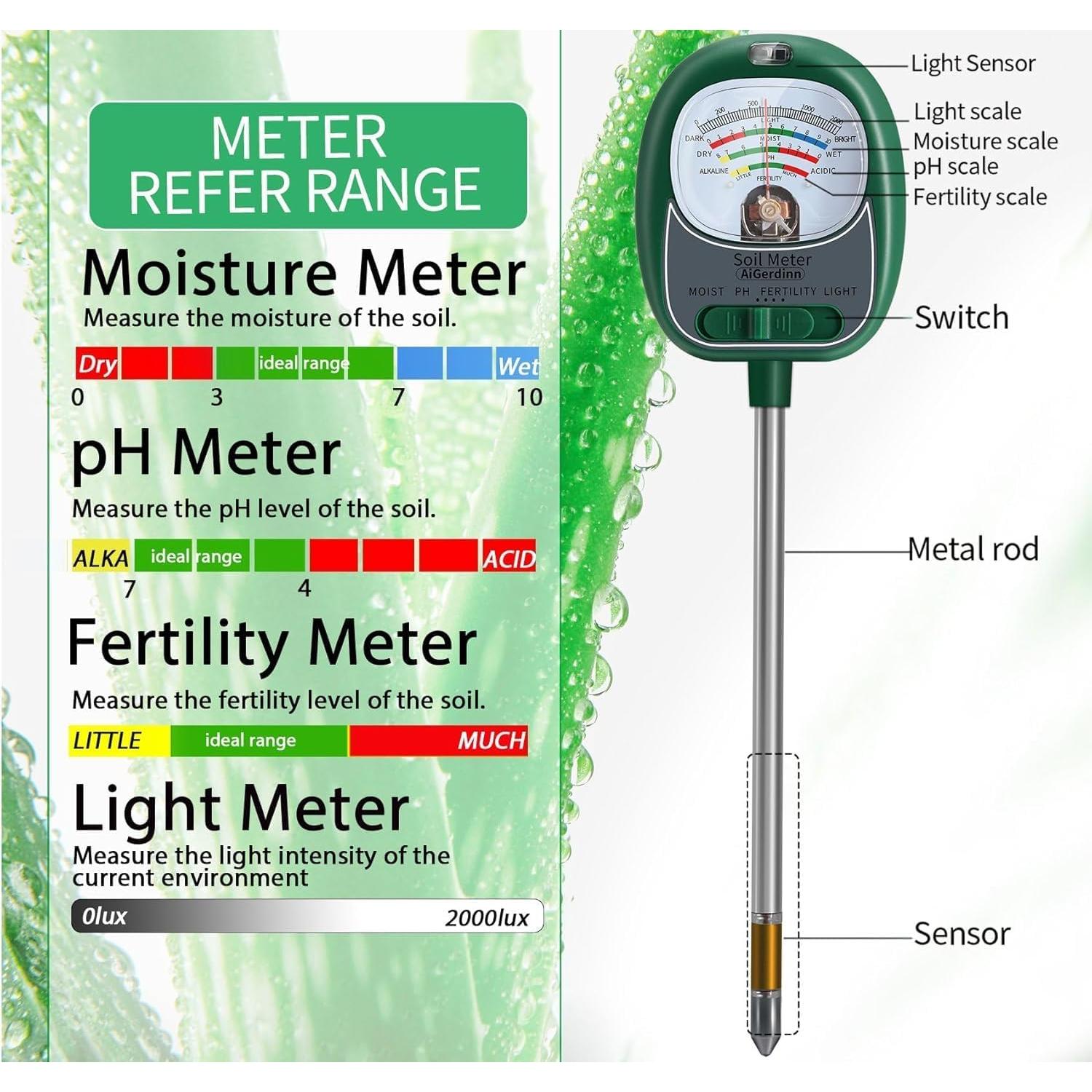 Medidor de Suelo 4 en 1 AiGerdinn - Humedad, pH, Luz Solar