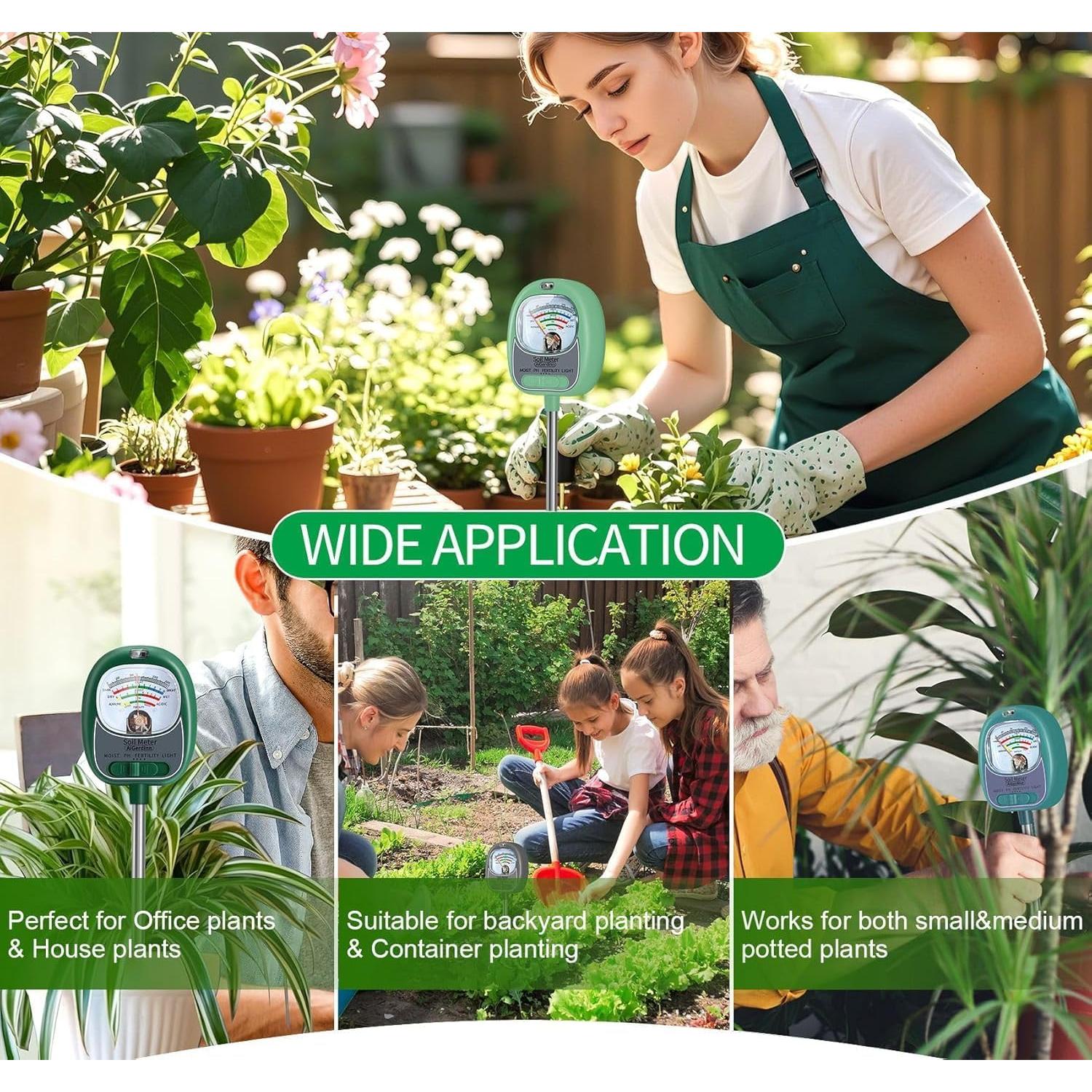 Medidor de Suelo 4 en 1 AiGerdinn - Humedad, pH, Luz Solar