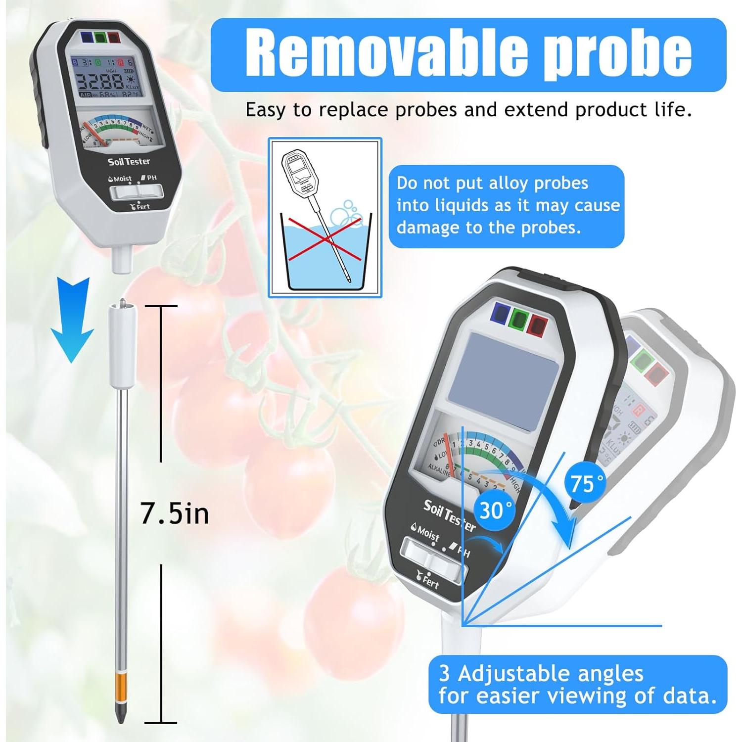 Medidor de Humedad del Suelo 7-en-1 RYJNM con Sonda Desmontable