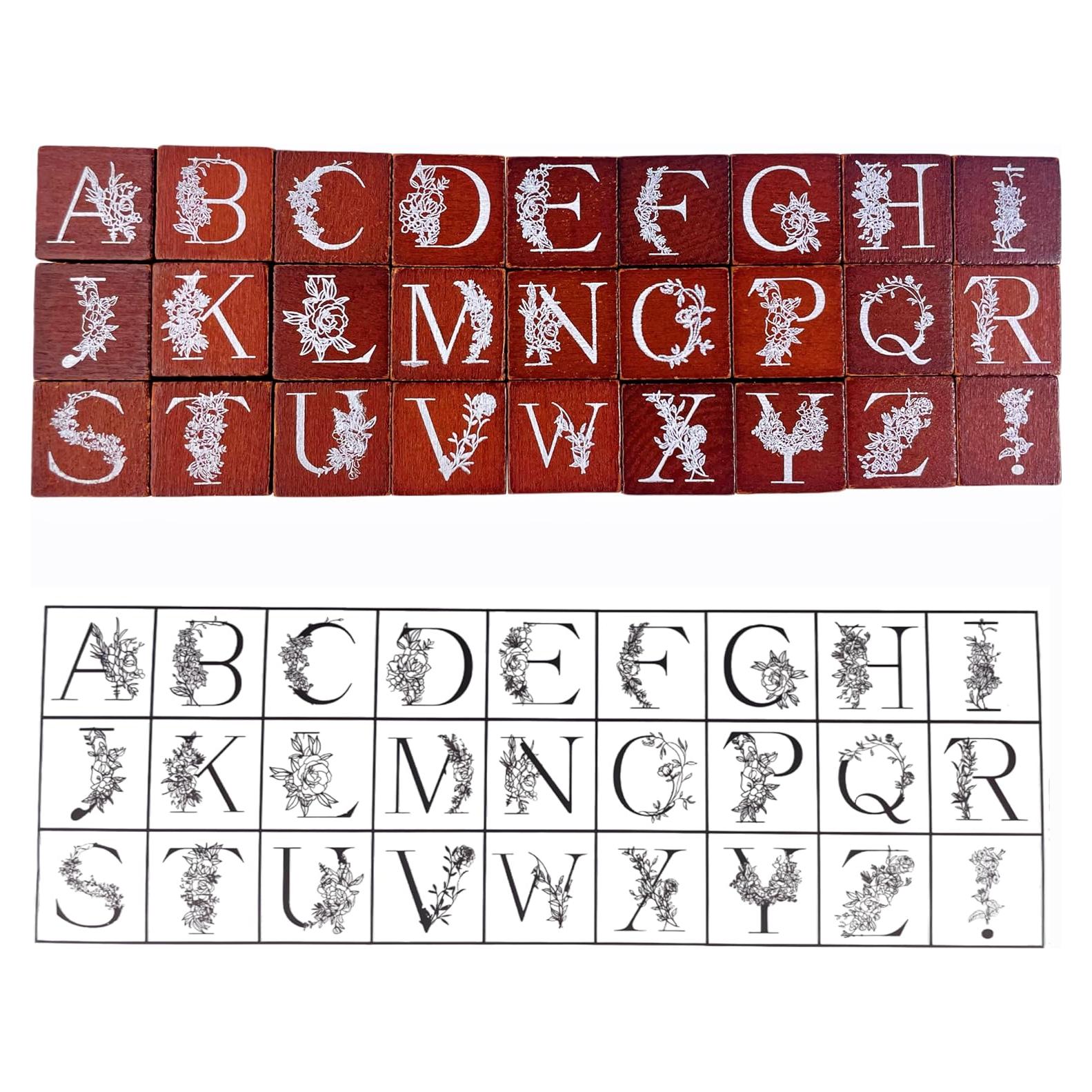 Conjunto de Sellos de Goma de Madera LuckComing A-Z Floral