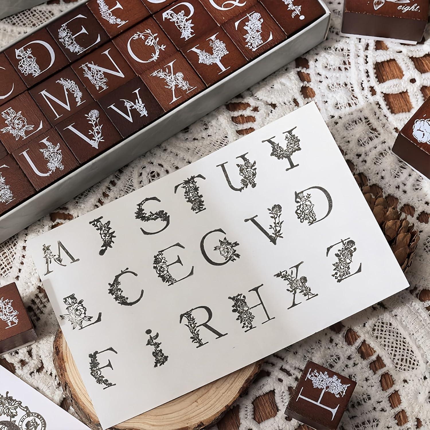 Conjunto de Sellos de Goma de Madera LuckComing A-Z Floral