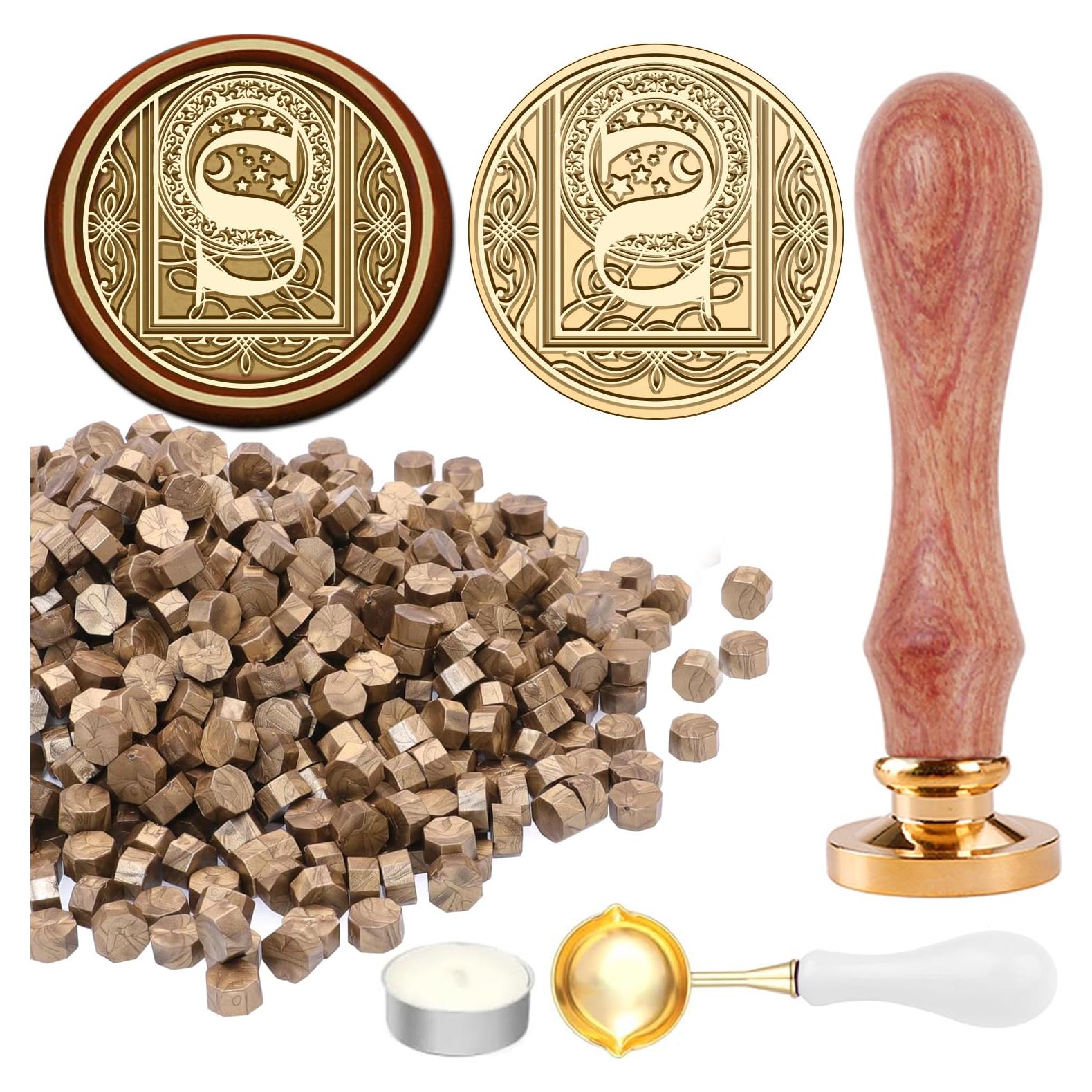Kit de Sello de Cera Inicial S STAMPMASTER con 120 Perlas Doradas