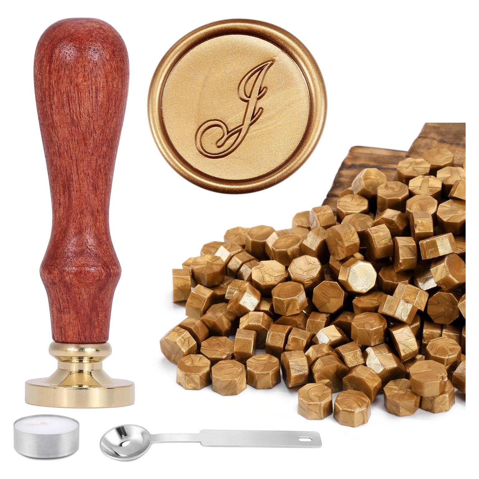 Kit de Sello de Cera Yoption Inicial J con 120 Perlas Doradas