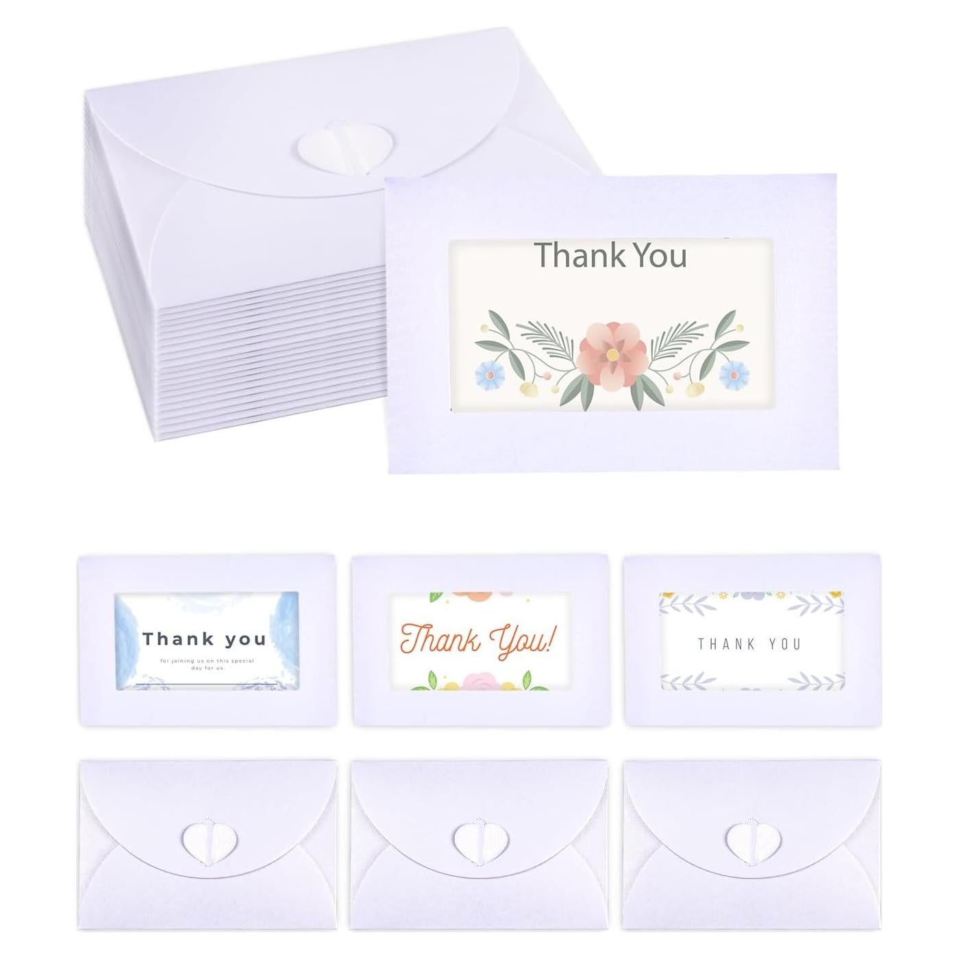 50 Mini Sobres con Ventana EORTA, Cierre Corazón, 10.5x7cm, Blanco