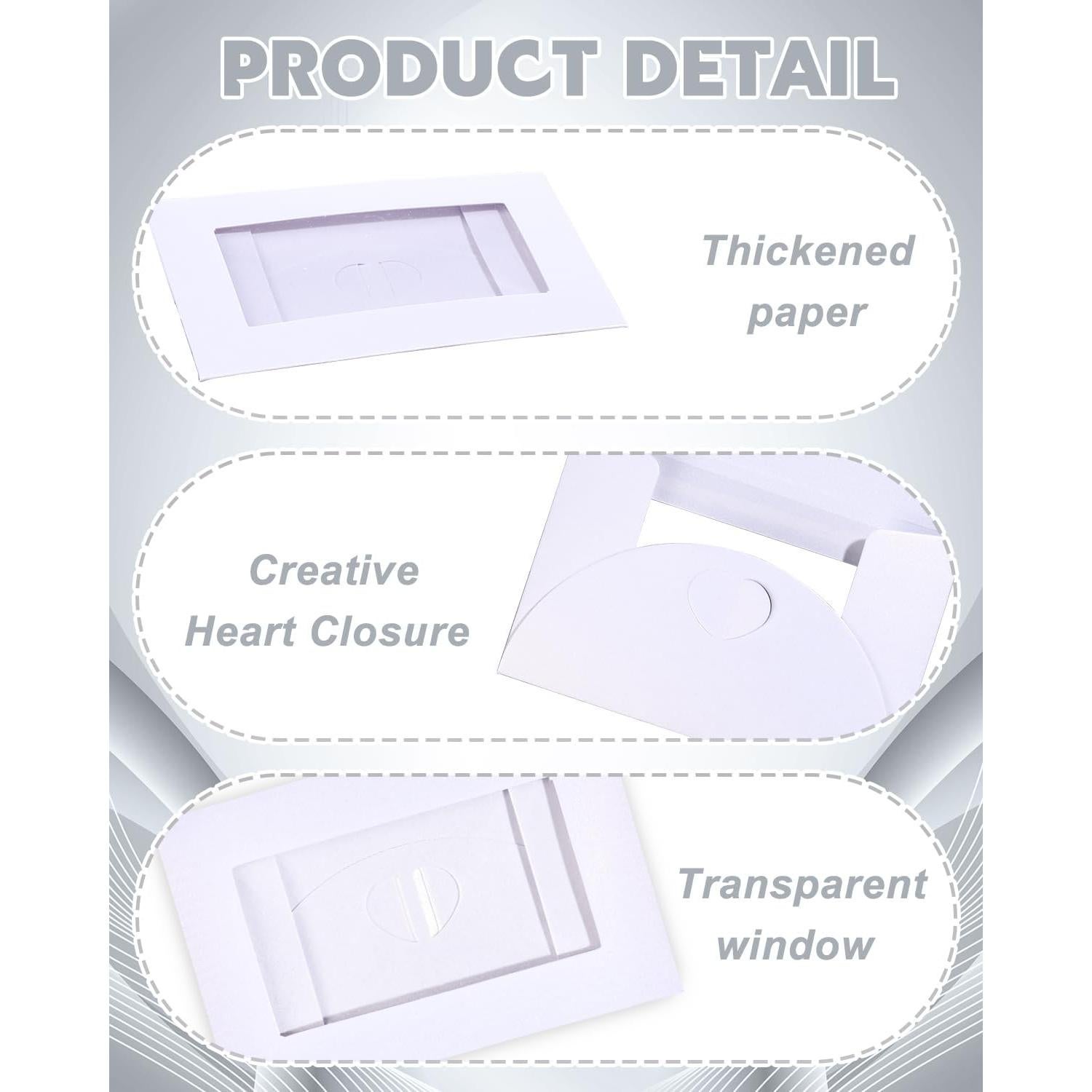 50 Mini Sobres con Ventana EORTA, Cierre Corazón, 10.5x7cm, Blanco