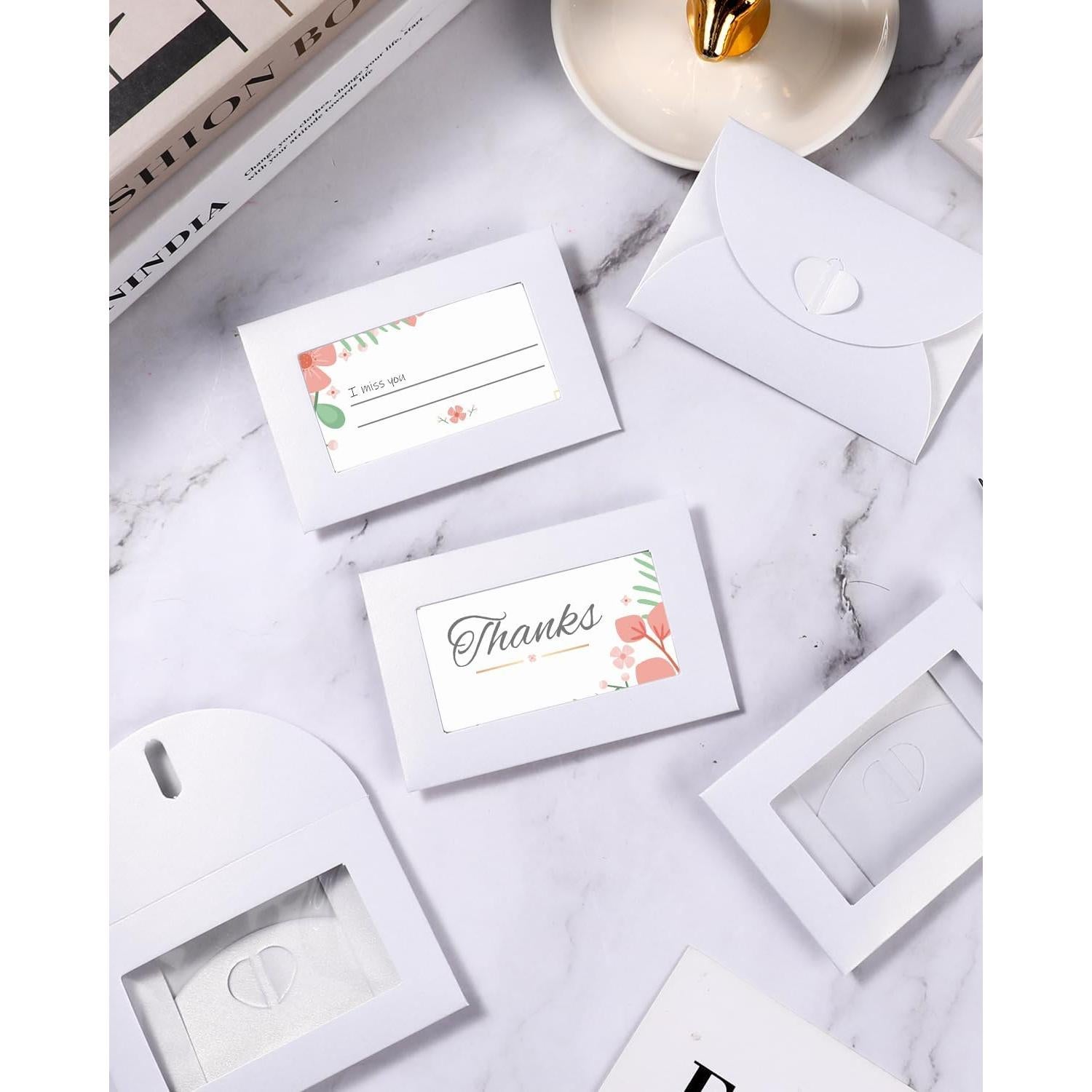 50 Mini Sobres con Ventana EORTA, Cierre Corazón, 10.5x7cm, Blanco