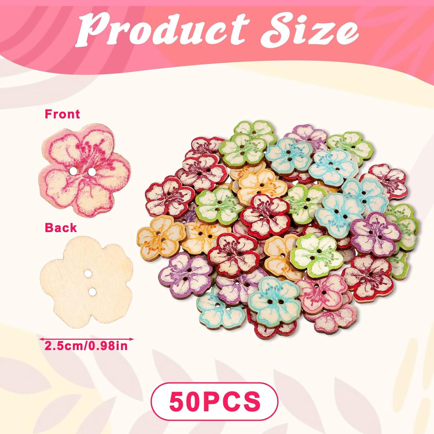 50 Botones de Madera Vin Beauty 2 Agujeros Flor Multicolor