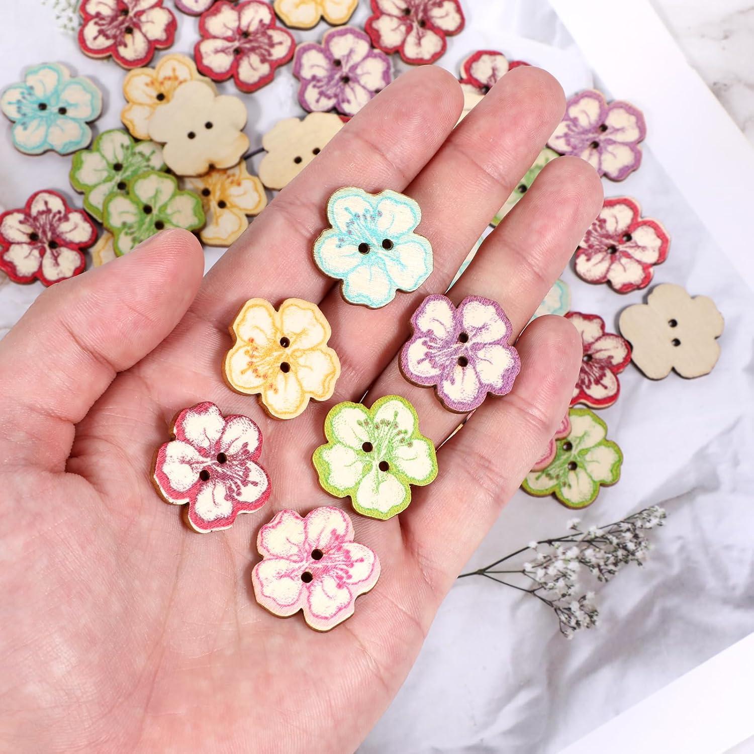 50 Botones de Madera Vin Beauty 2 Agujeros Flor Multicolor