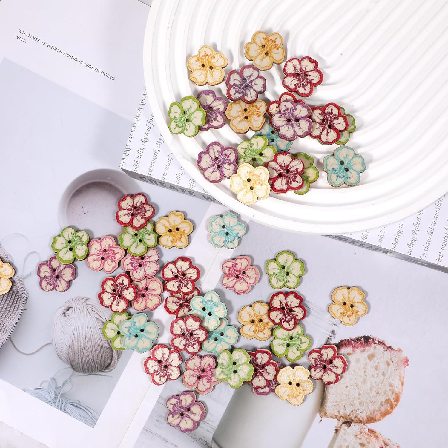 50 Botones de Madera Vin Beauty 2 Agujeros Flor Multicolor