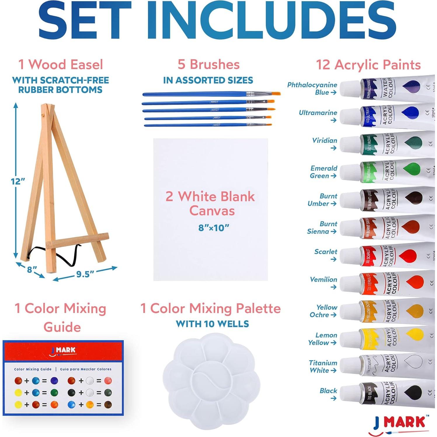 Kit de Pintura Acrílica J MARK 22 Piezas con Lienzos 20x25 cm