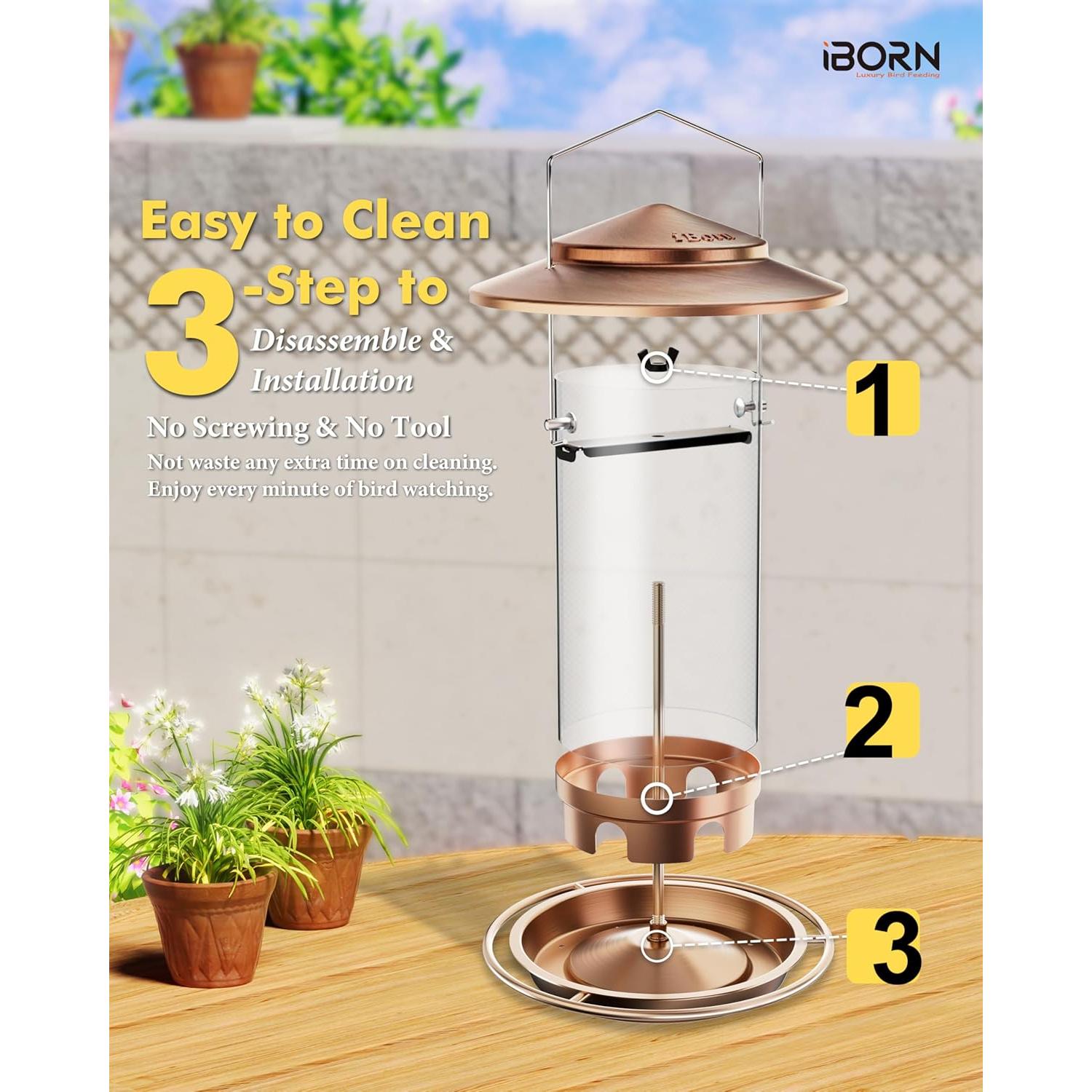 Comedero para Aves iBorn Colgante 1.04kg Cobre Cepillado 6 Puertos