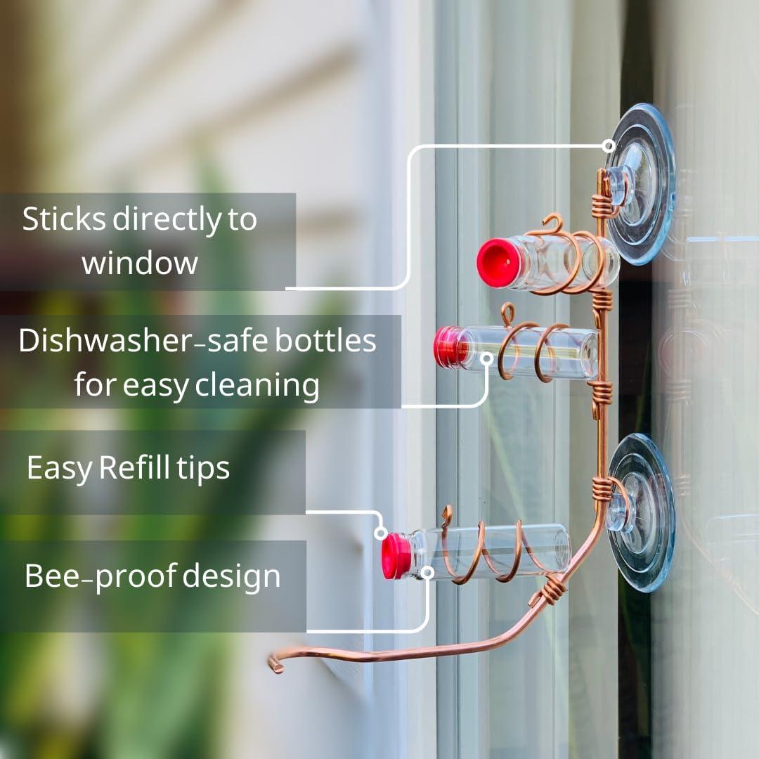 Comedero para Colibríes de Ventana Cobre 2 Botellas 3 Estaciones