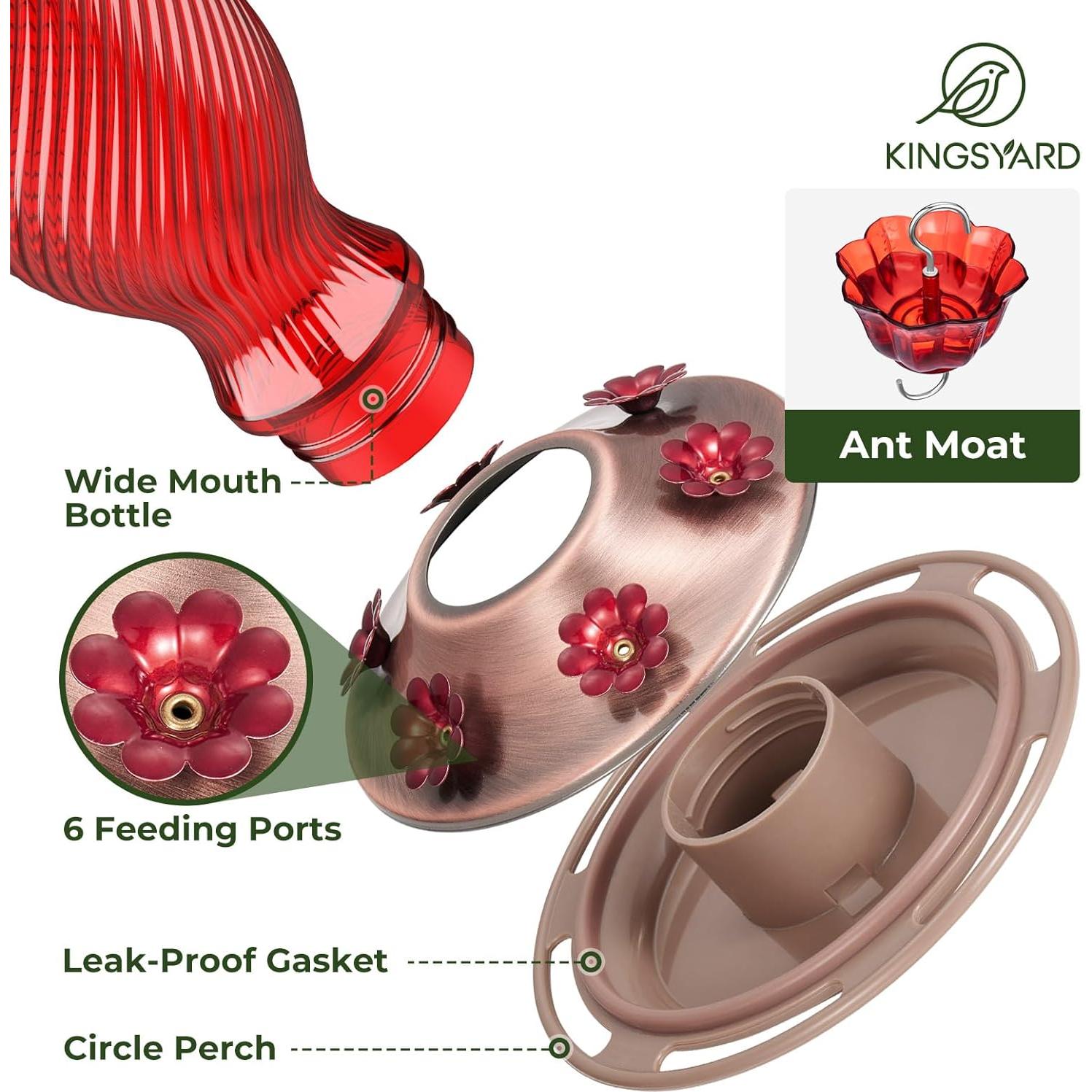 Alimentador de Colibrí de Vidrio Kingsyard 24 oz Rojo con 6 Puertos