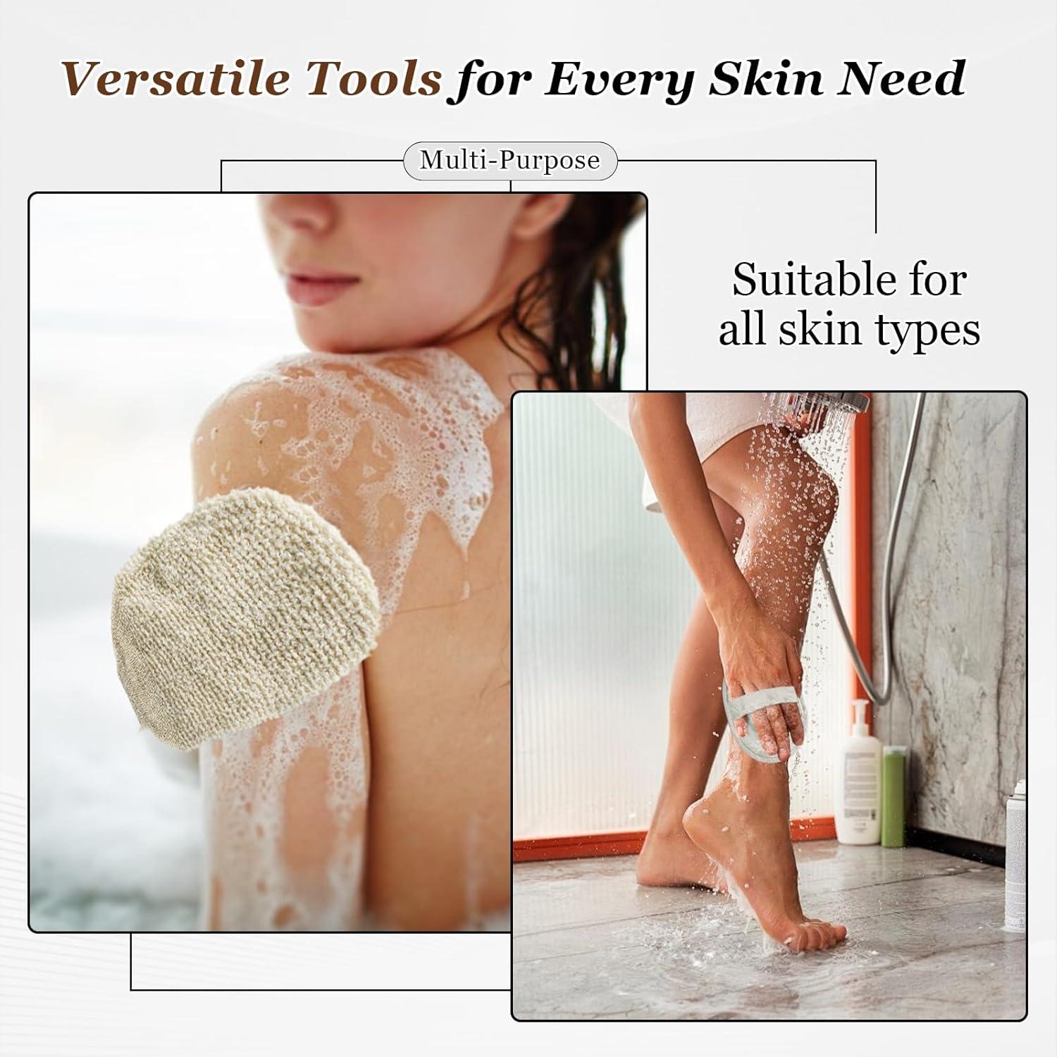 Guantes de Ducha Exfoliantes Naturales y Esponja de Lufa - Set de 3