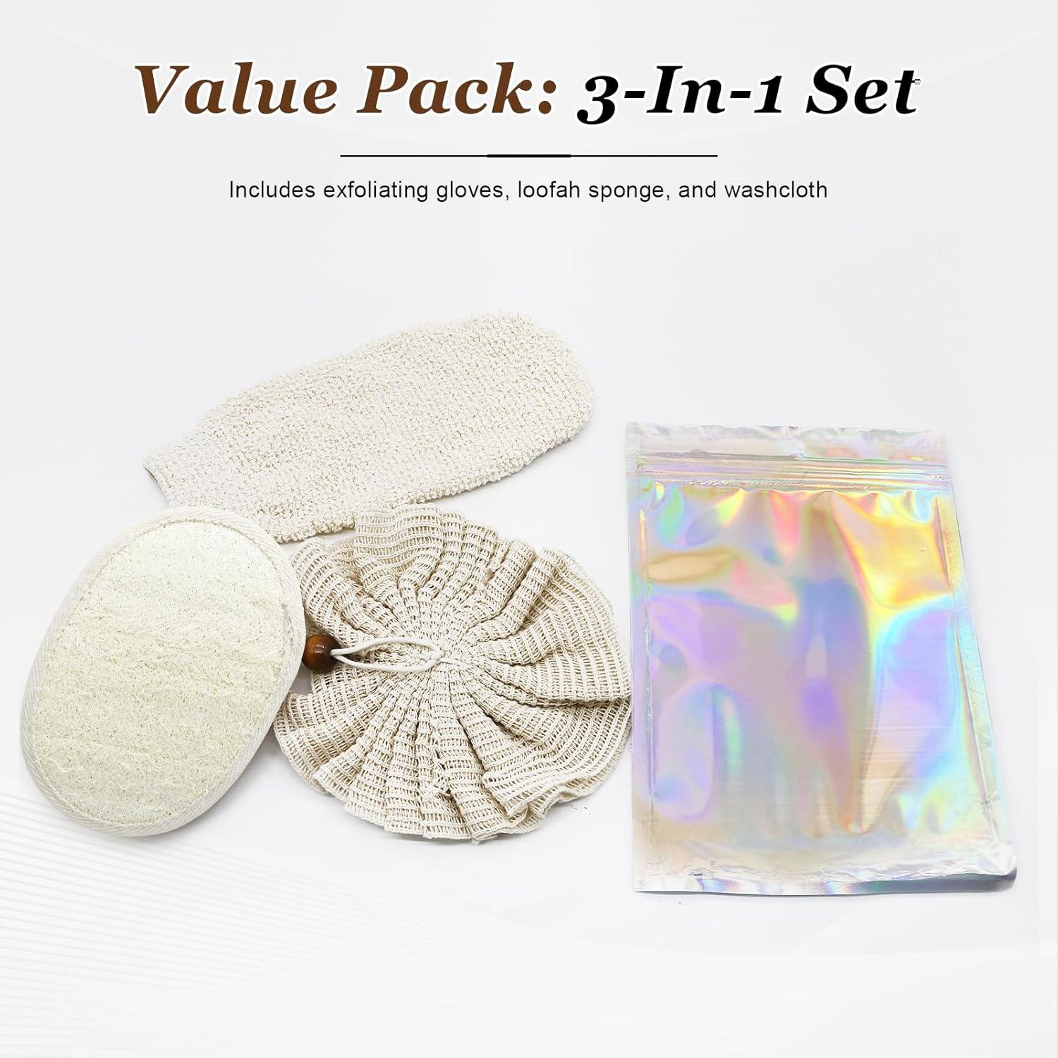 Guantes de Ducha Exfoliantes Naturales y Esponja de Lufa - Set de 3