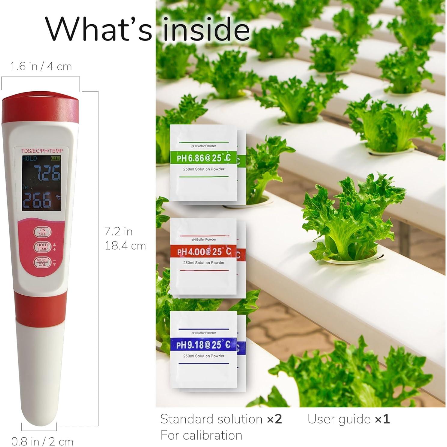 Medidor de pH y TDS Digital 4-en-1 para Hidroponía