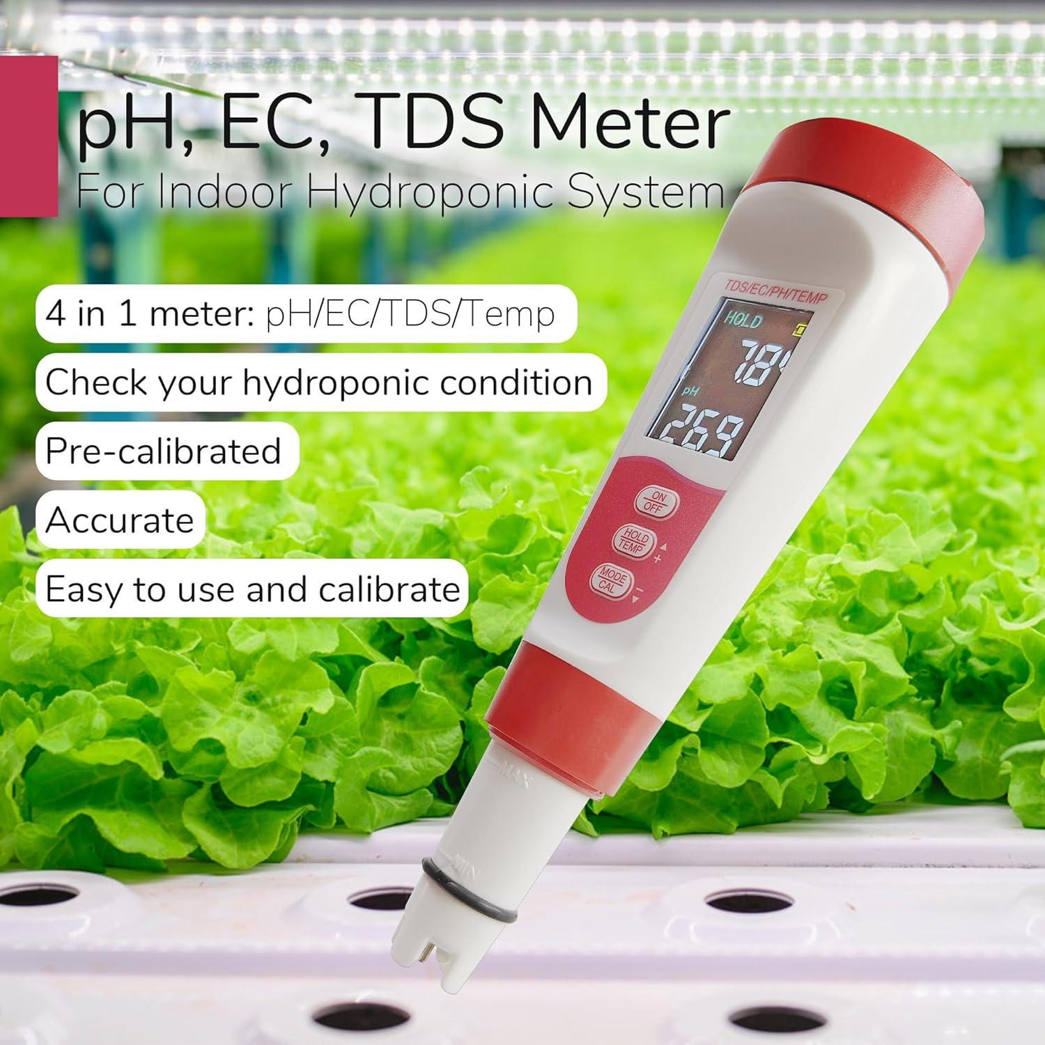 Medidor de pH y TDS Digital 4-en-1 para Hidroponía