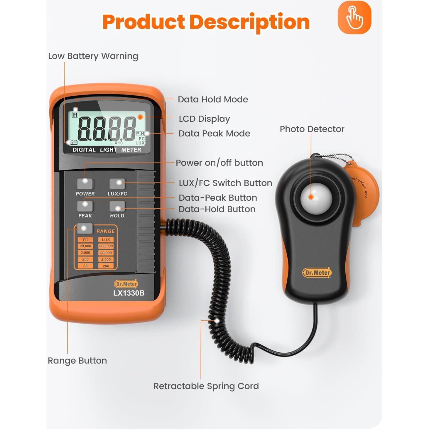 Medidor de Iluminación Digital Dr.meter LX1330B 0-200000 Lux